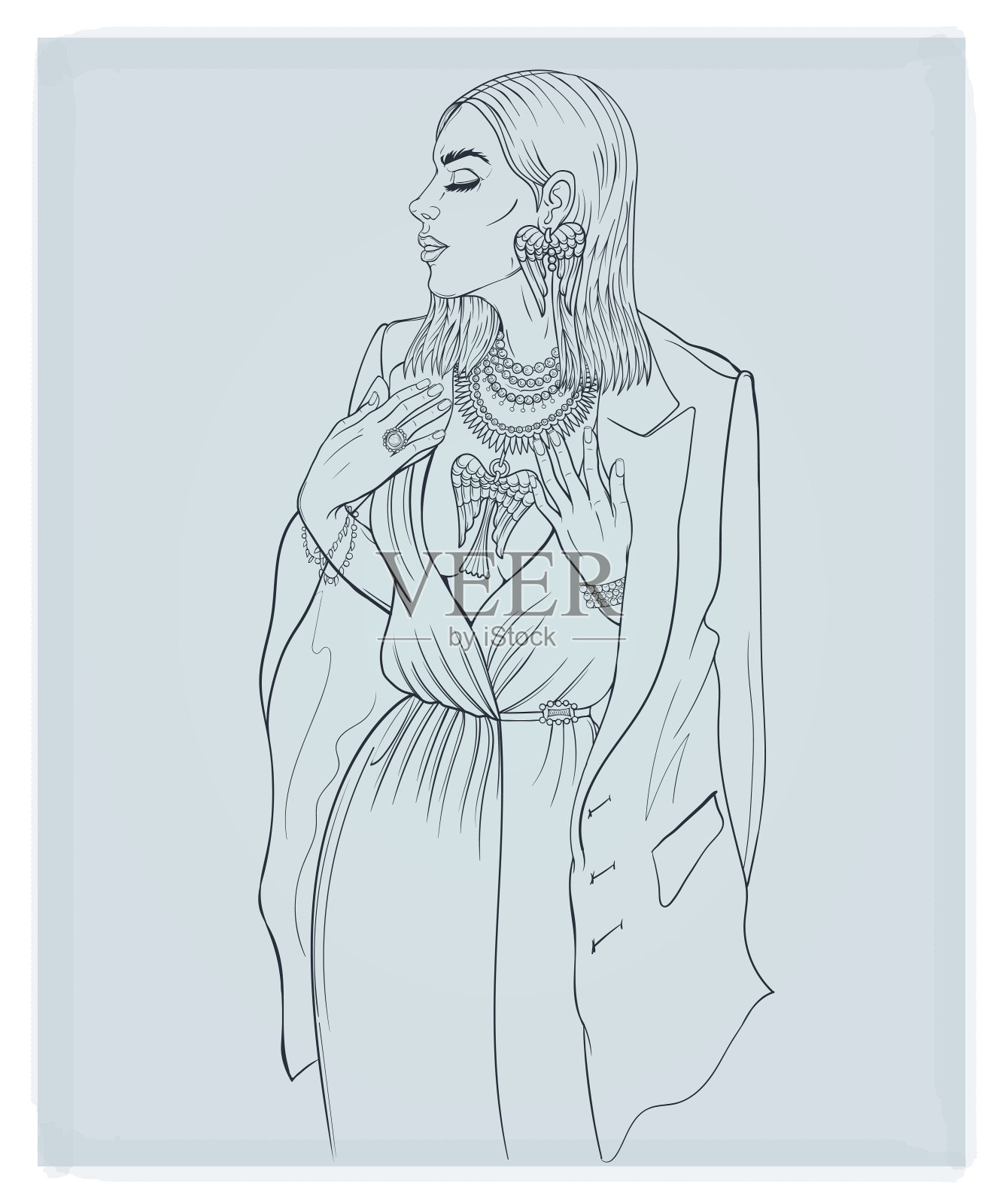 年轻的时尚模特与珠宝。天使翅膀造型的珠宝收藏。时尚插画。手绘,线条艺术,素描,轮廓,孤立。矢量插图。插画图片素材