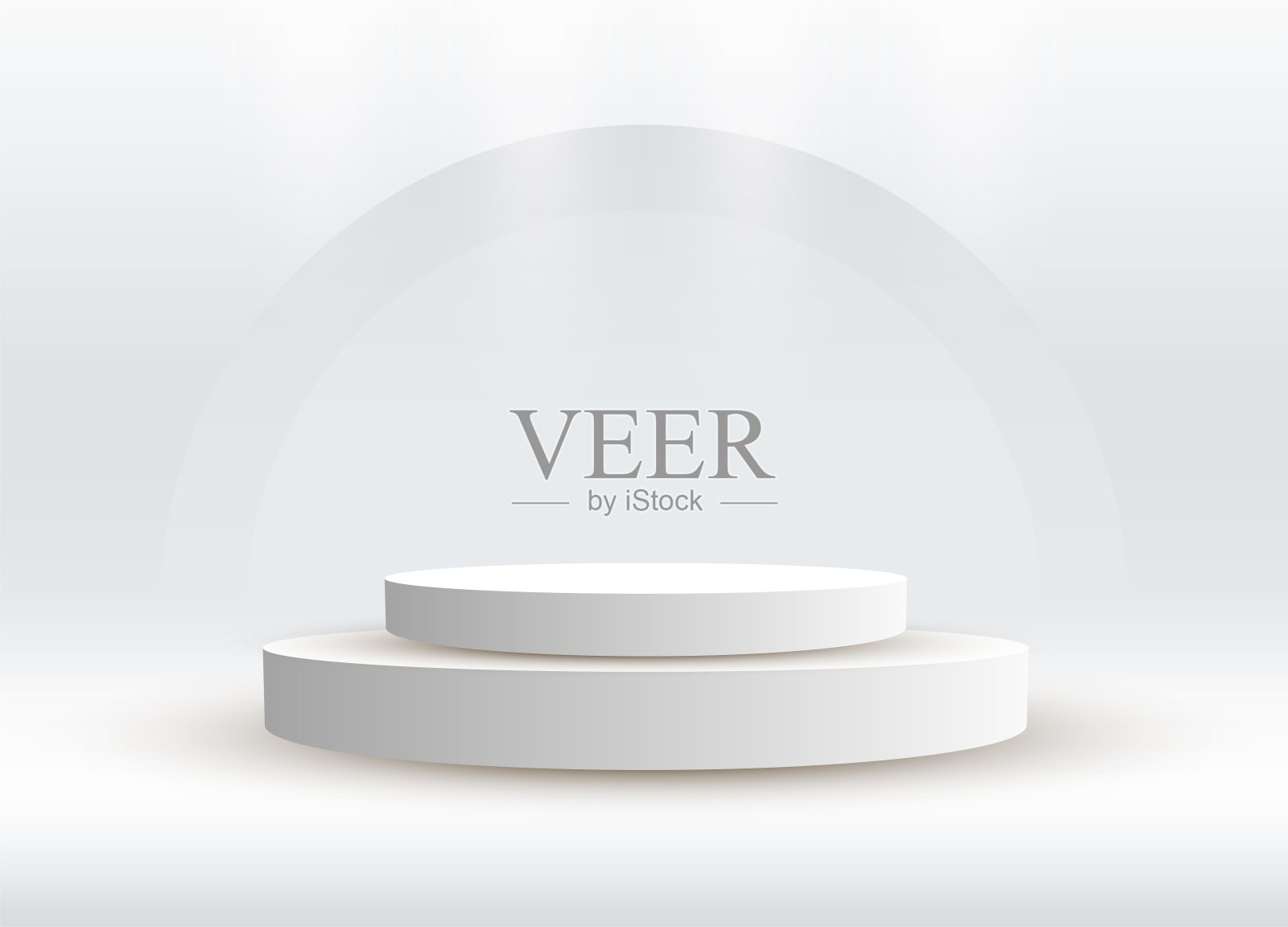 两个抽象讲台银缸台座。白色空舞台概念与半圆形发光霓虹灯插画图片素材