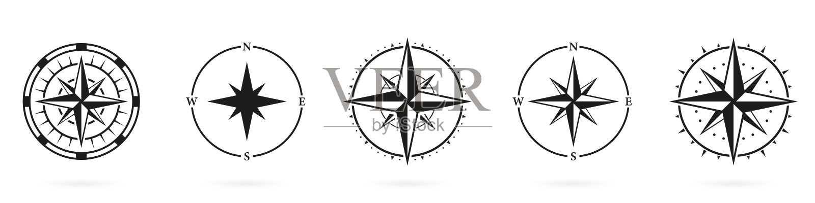 指南针轮廓图标设置在白色背景。玫瑰风象形文字。导航设备标志。航海方向:北、南、西、东标志。孤立矢量图设计元素图片