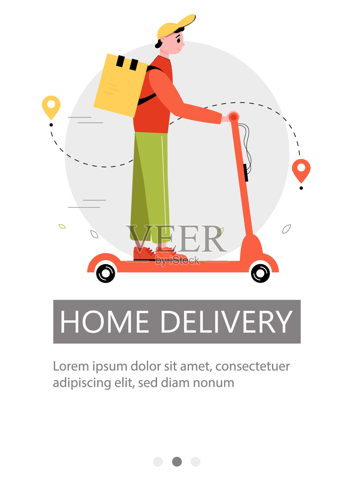 骑摩托车的男性快递员。传单设计,送货上门。矢量插图。插画图片素材