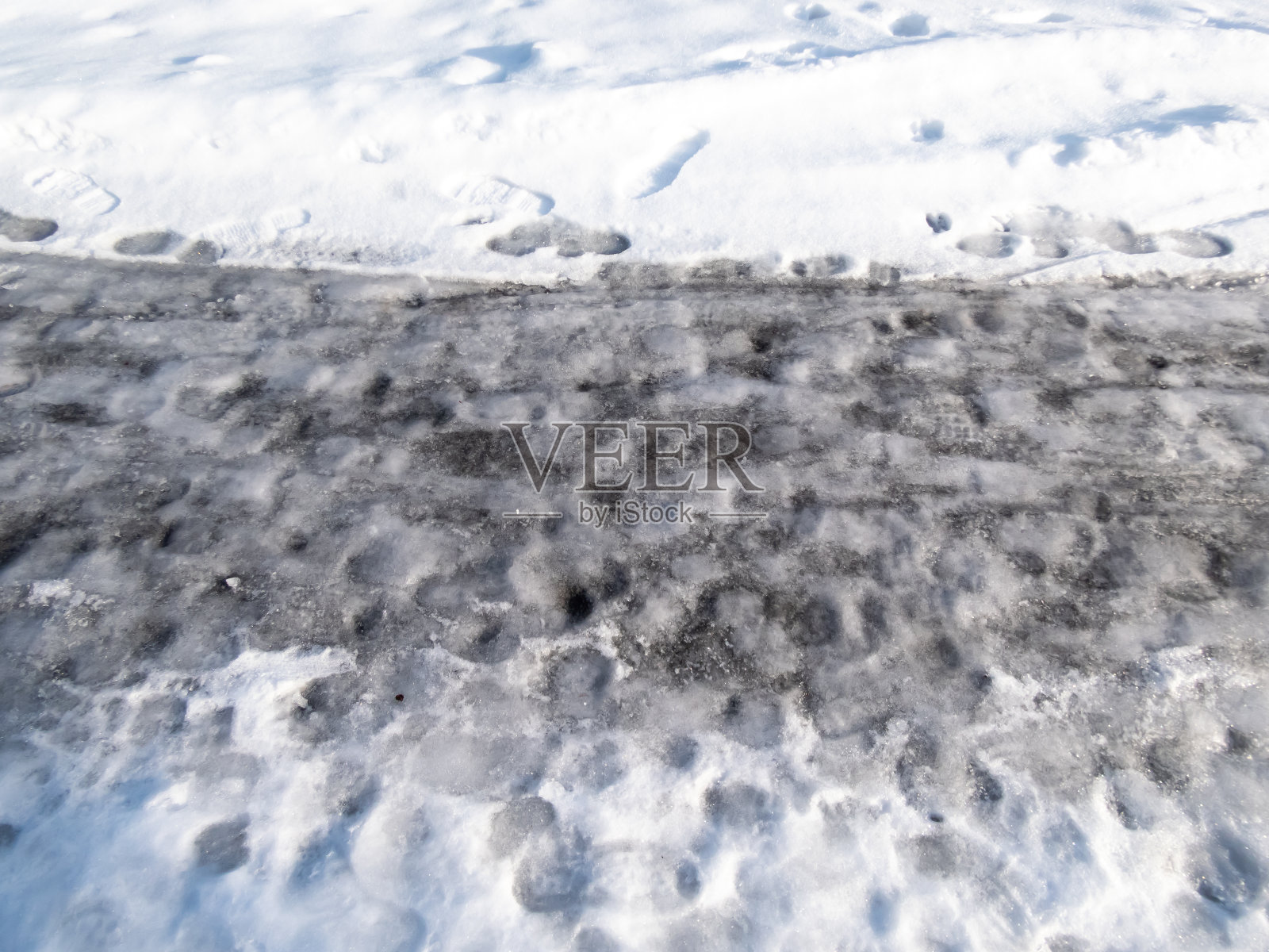 非常滑的人行道上覆盖着融化的雪和冰冻的冰照片摄影图片
