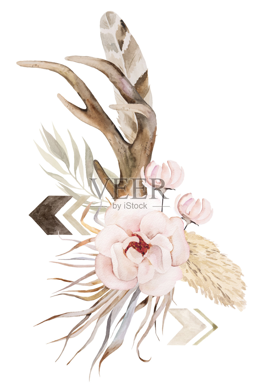 水彩鹿角与热带树叶和花束,波西米亚婚礼插图插画图片素材
