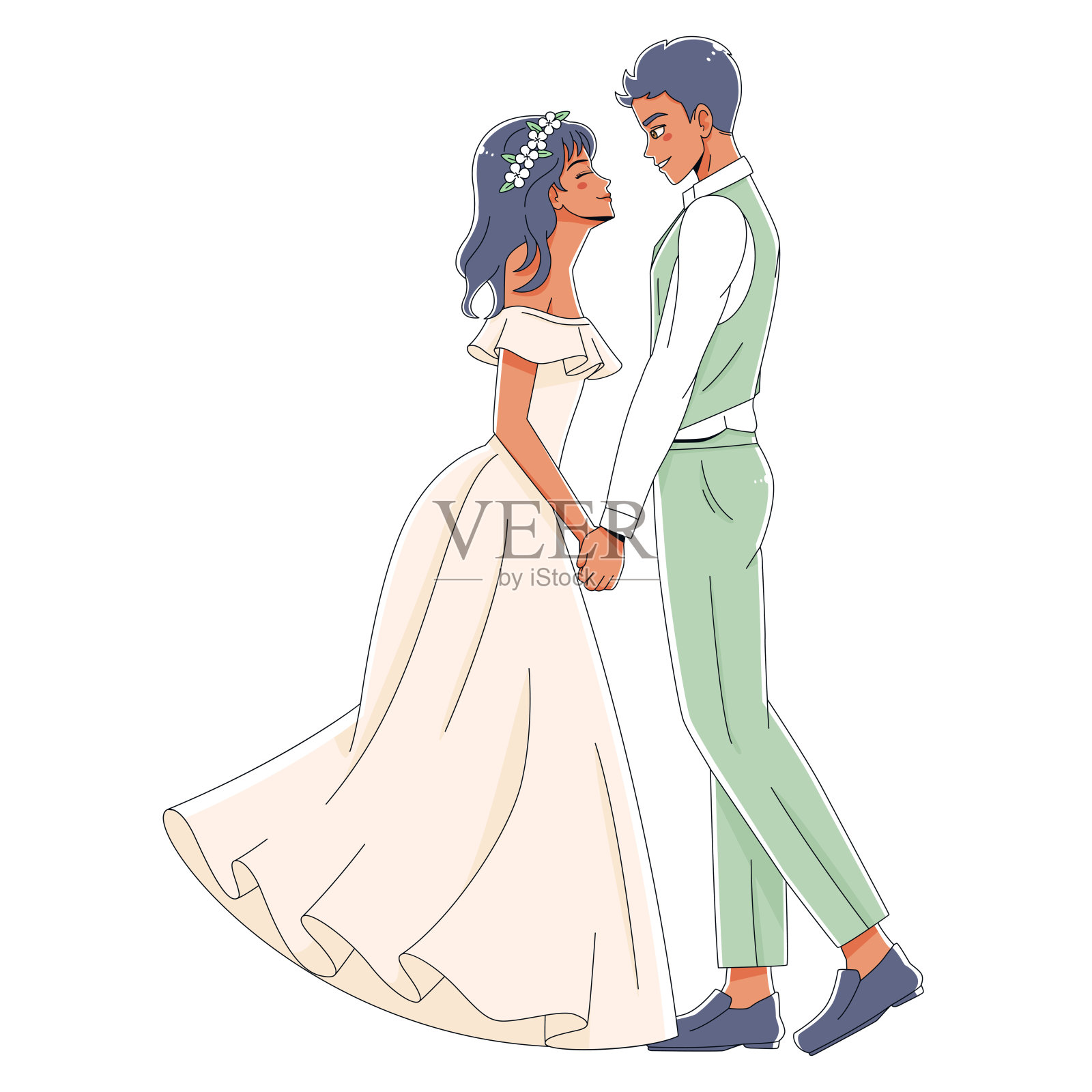 矢量可爱的婚礼夫妇动漫人物孤立插画图片素材