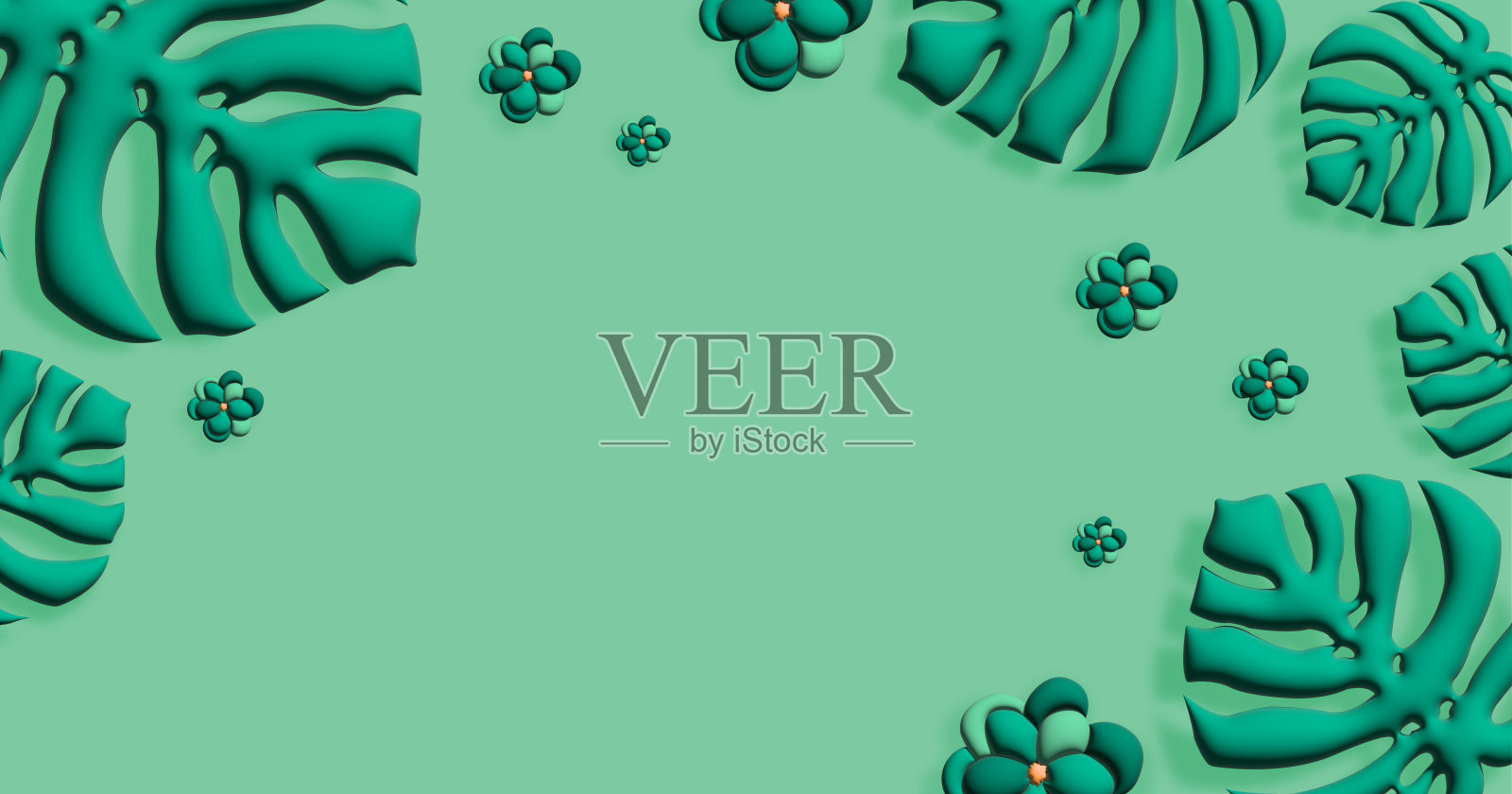 绿色背景上的热带怪物叶子。自然夏日概念。三维渲染照片摄影图片