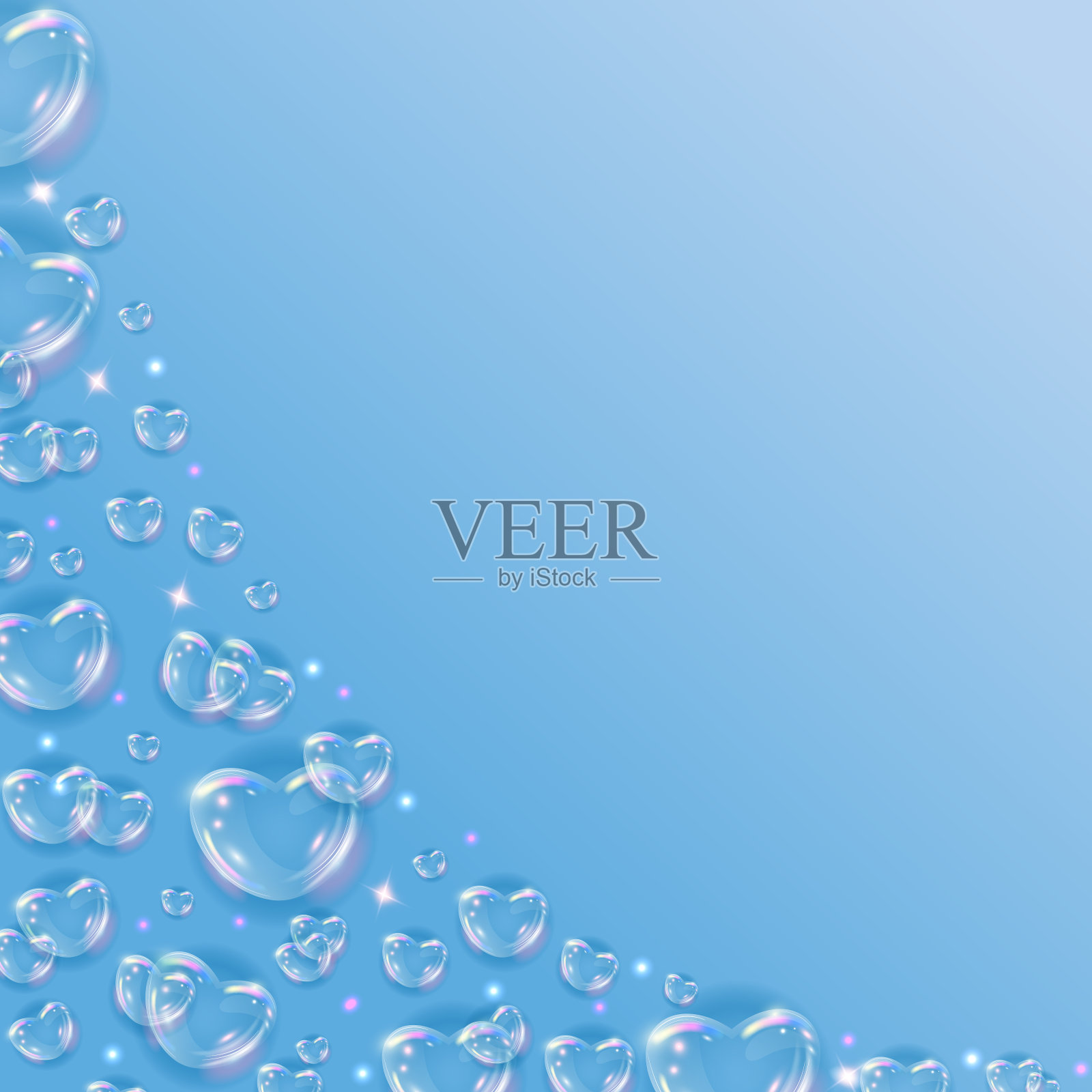 有光泽的彩虹肥皂泡心形背景。现实透明的3d心脏在蓝色背景闪闪发光。插画图片素材