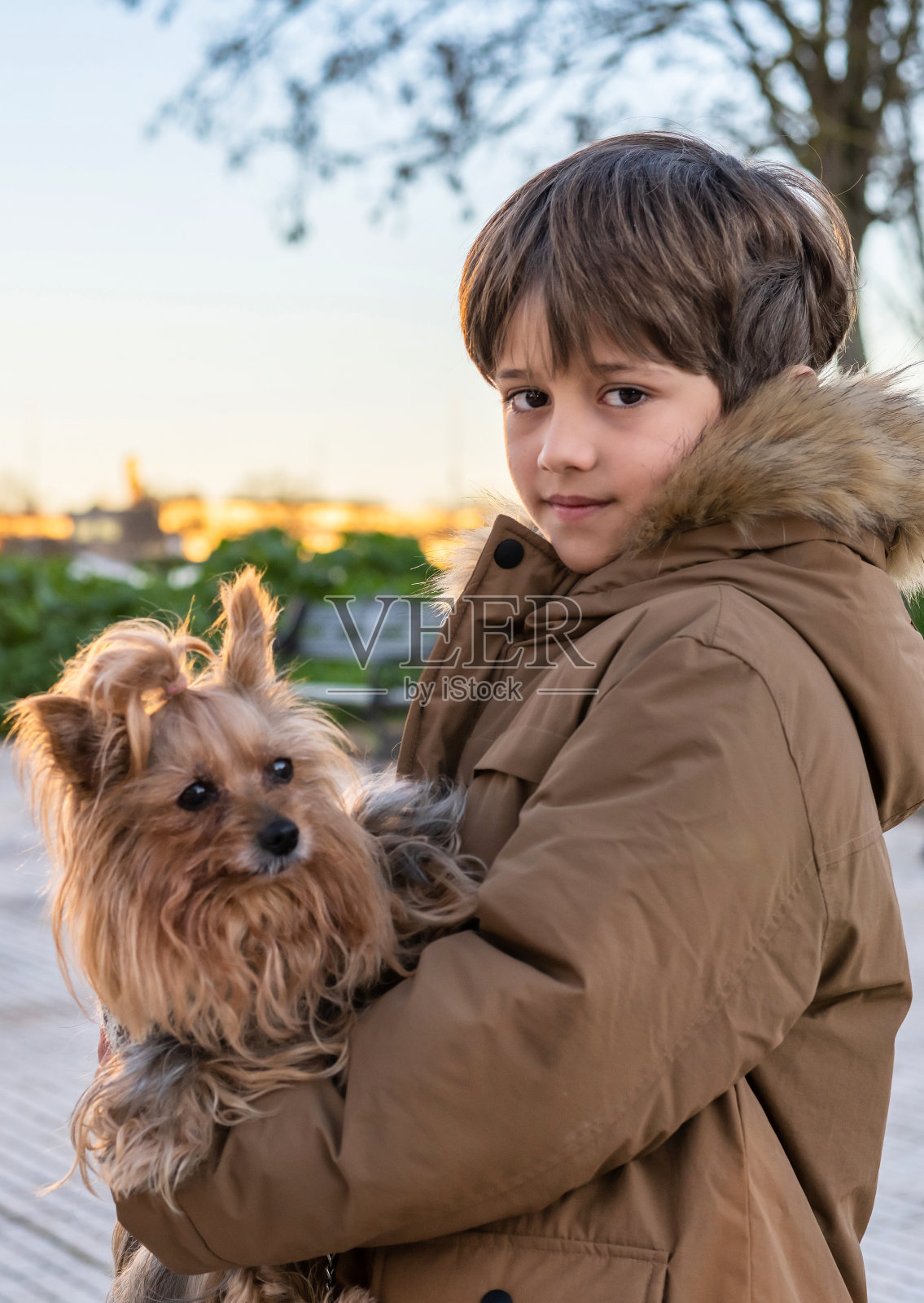 小男孩和狗的肖像。照片摄影图片