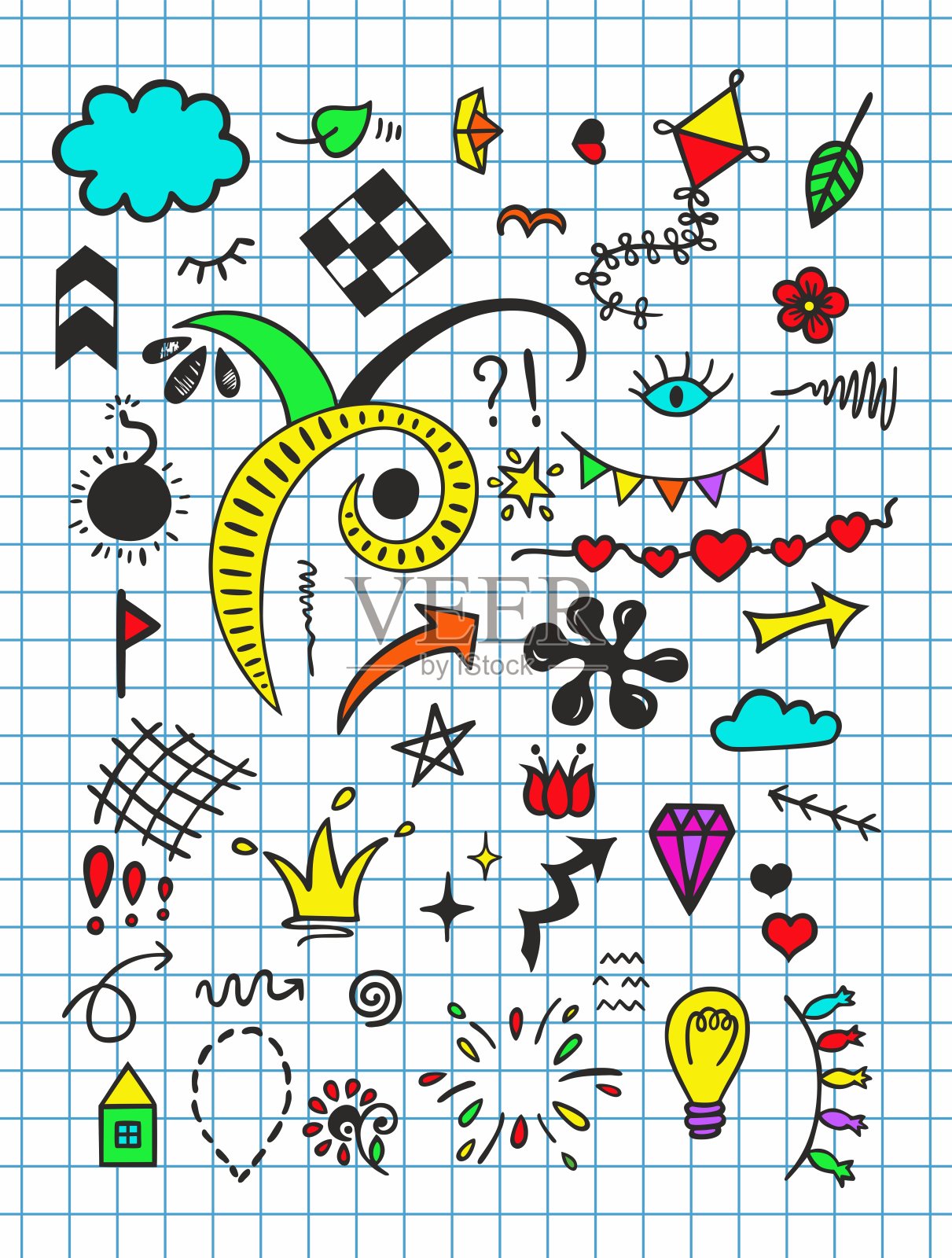 创意艺术涂鸦手绘设计插图。丰富多彩的形状。网格板。插画图片素材
