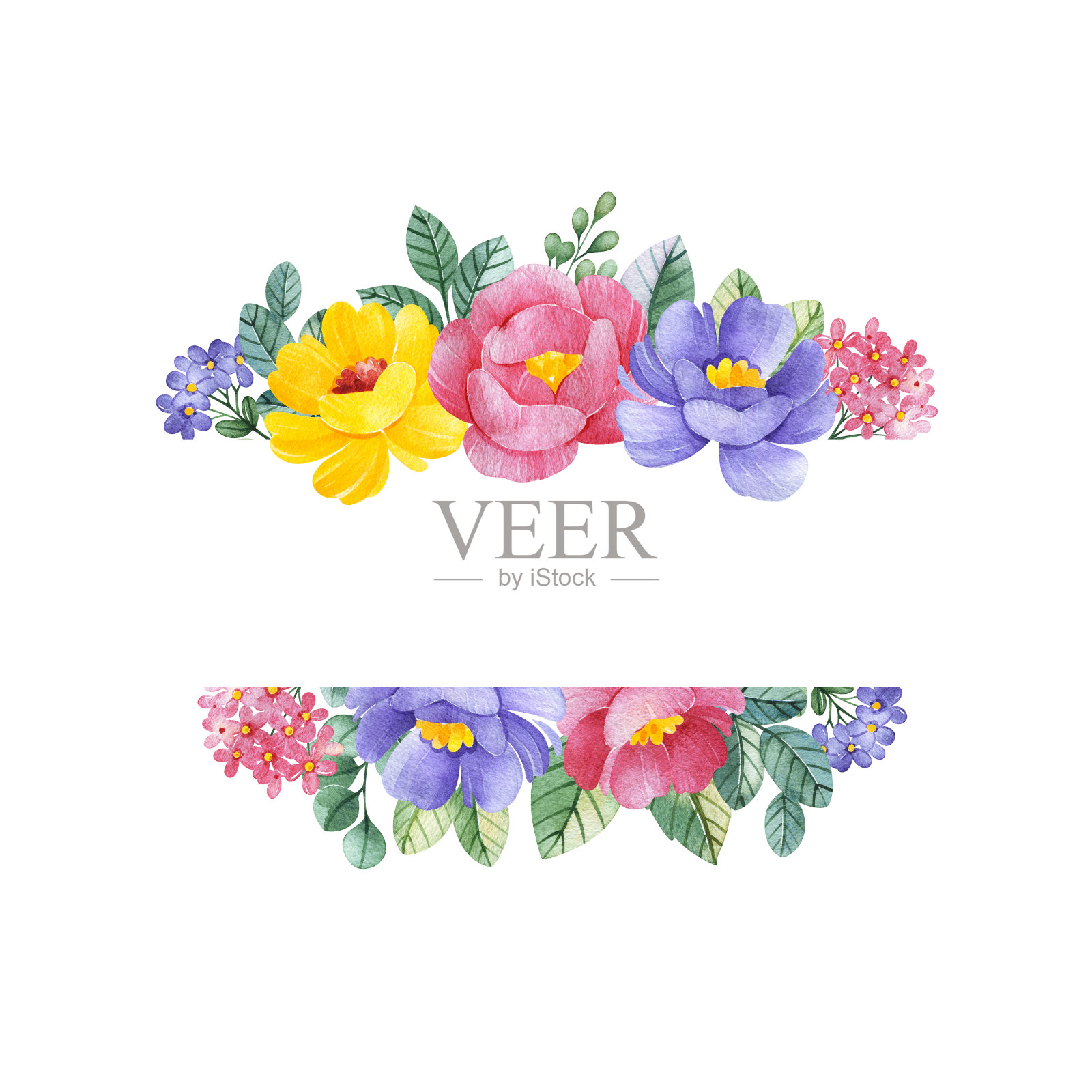 可爱的水彩边框与鲜花插画图片素材