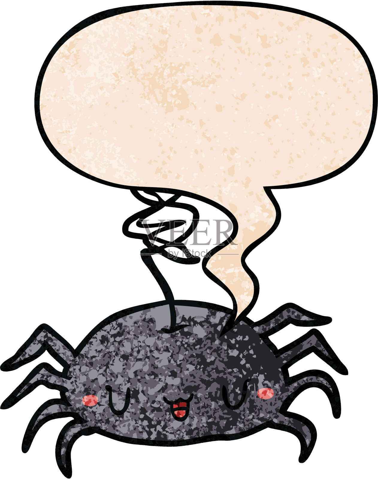 卡通万圣节蜘蛛与语音泡泡在复古纹理风格插画图片素材