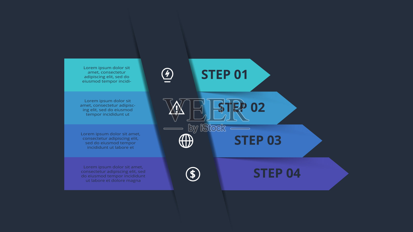 箭头暗信息图与4个元素模板的网络在黑色背景,业务,演示。向量插画图片素材