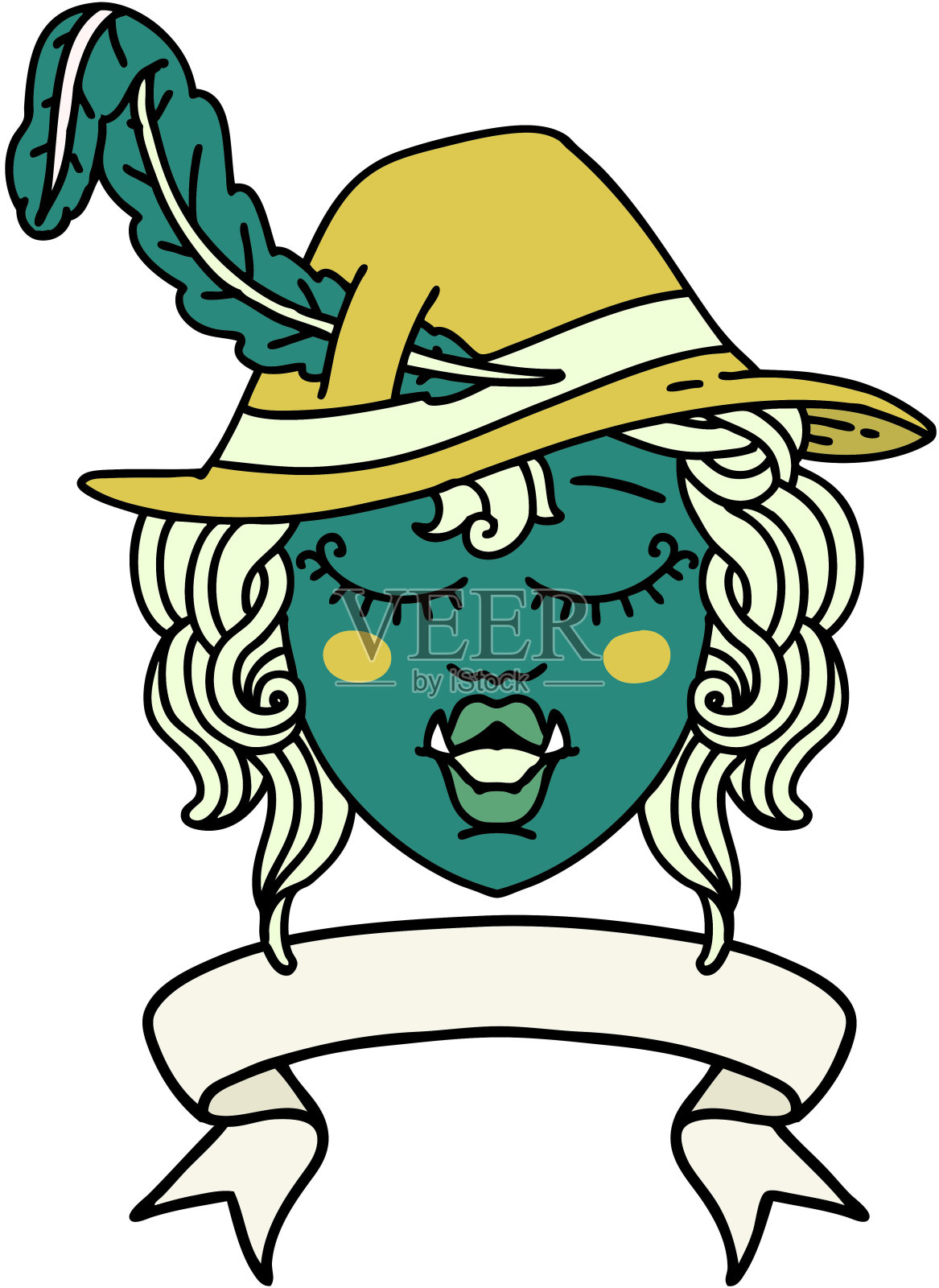 复古纹身风格唱半兽人吟游诗人字符与旗帜插画图片素材