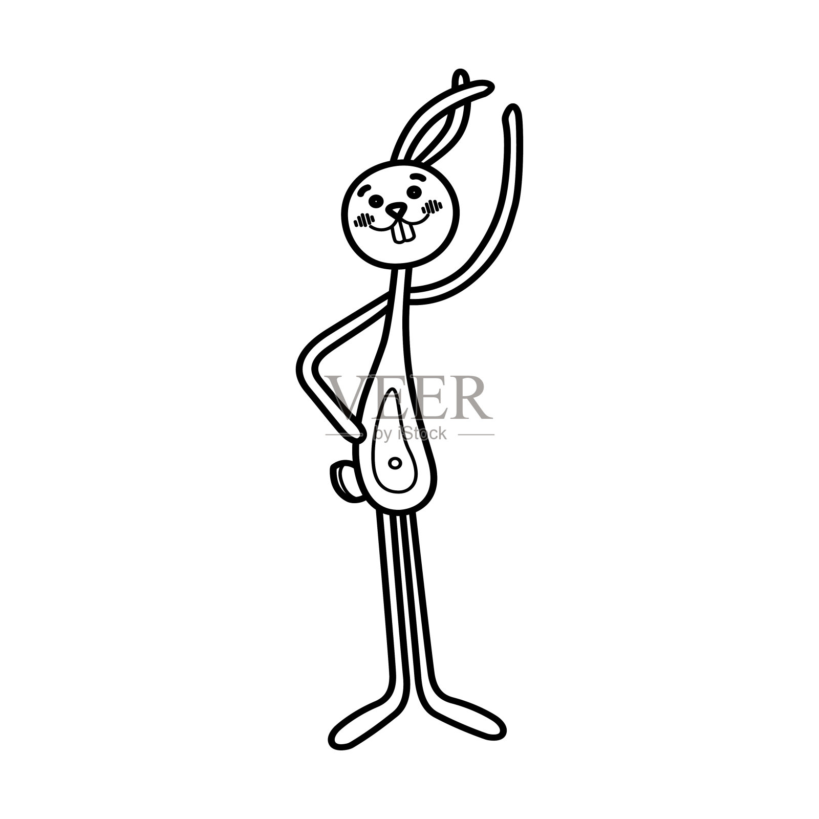 可爱的卡通兔子线艺术。动物兔子。耳朵兔人物站起来,用爪子打招呼。手绘矢量涂鸦插图。黑白隔离元素。插画图片素材