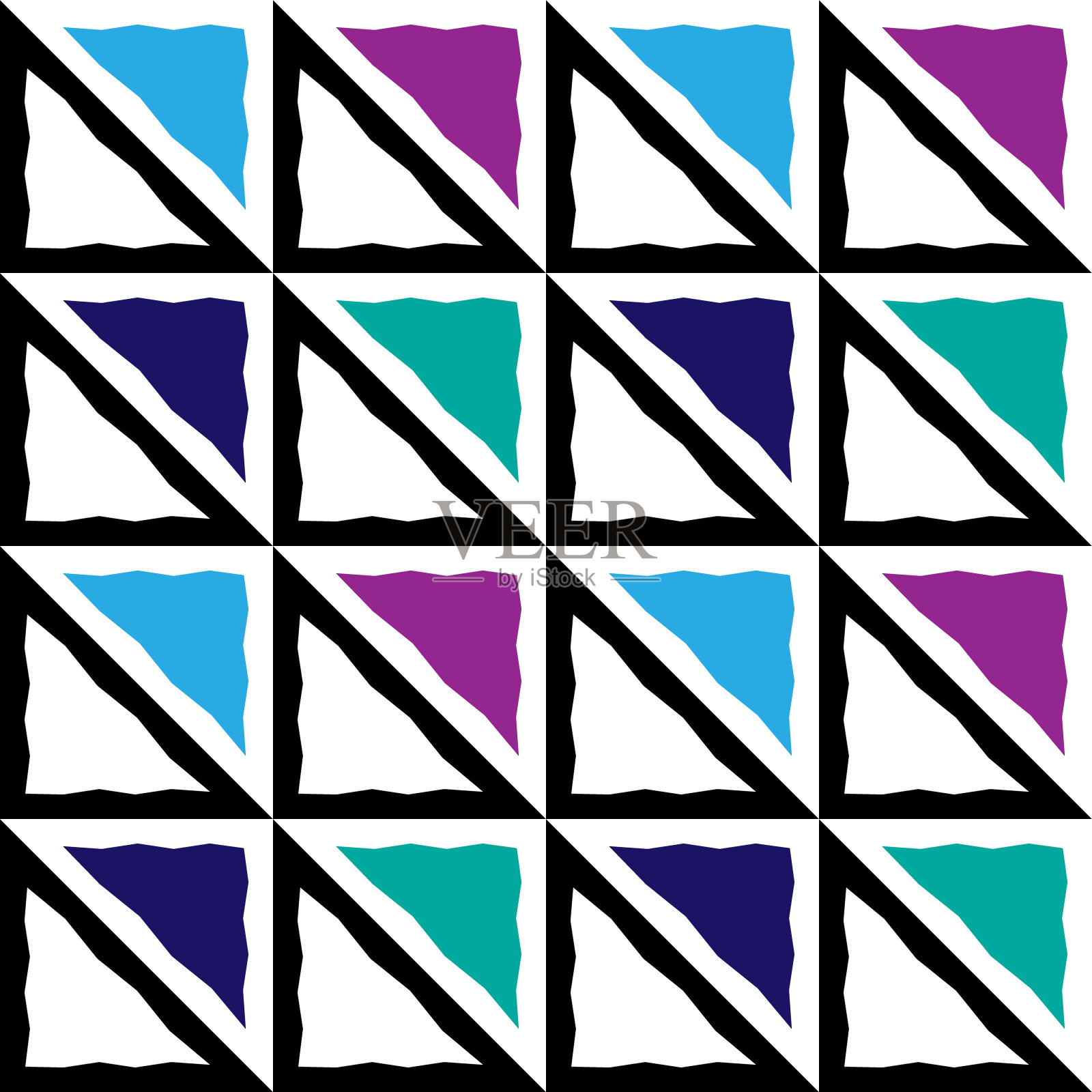 抽象几何无缝图案。三角形,正方形背景在紫色,绿松石,蓝色,黑色和白色的颜色插画图片素材