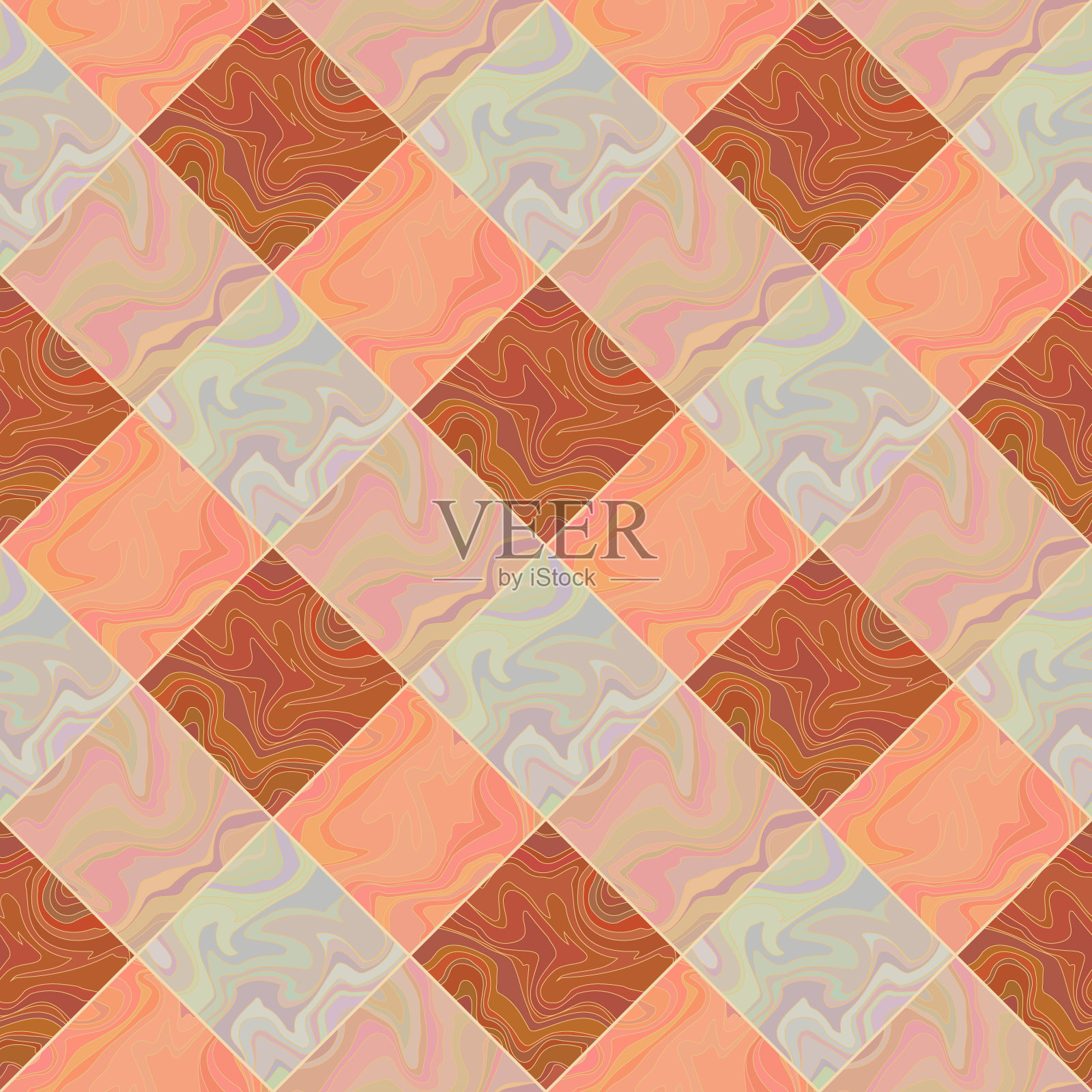 格子无缝图案。抽象的几何设计。方形、菱形、菱形瓷砖具有波浪状流动纹理,颜色为珊瑚、粉色、橙色、棕色、灰色。天然玛瑙石分层结构插画图片素材