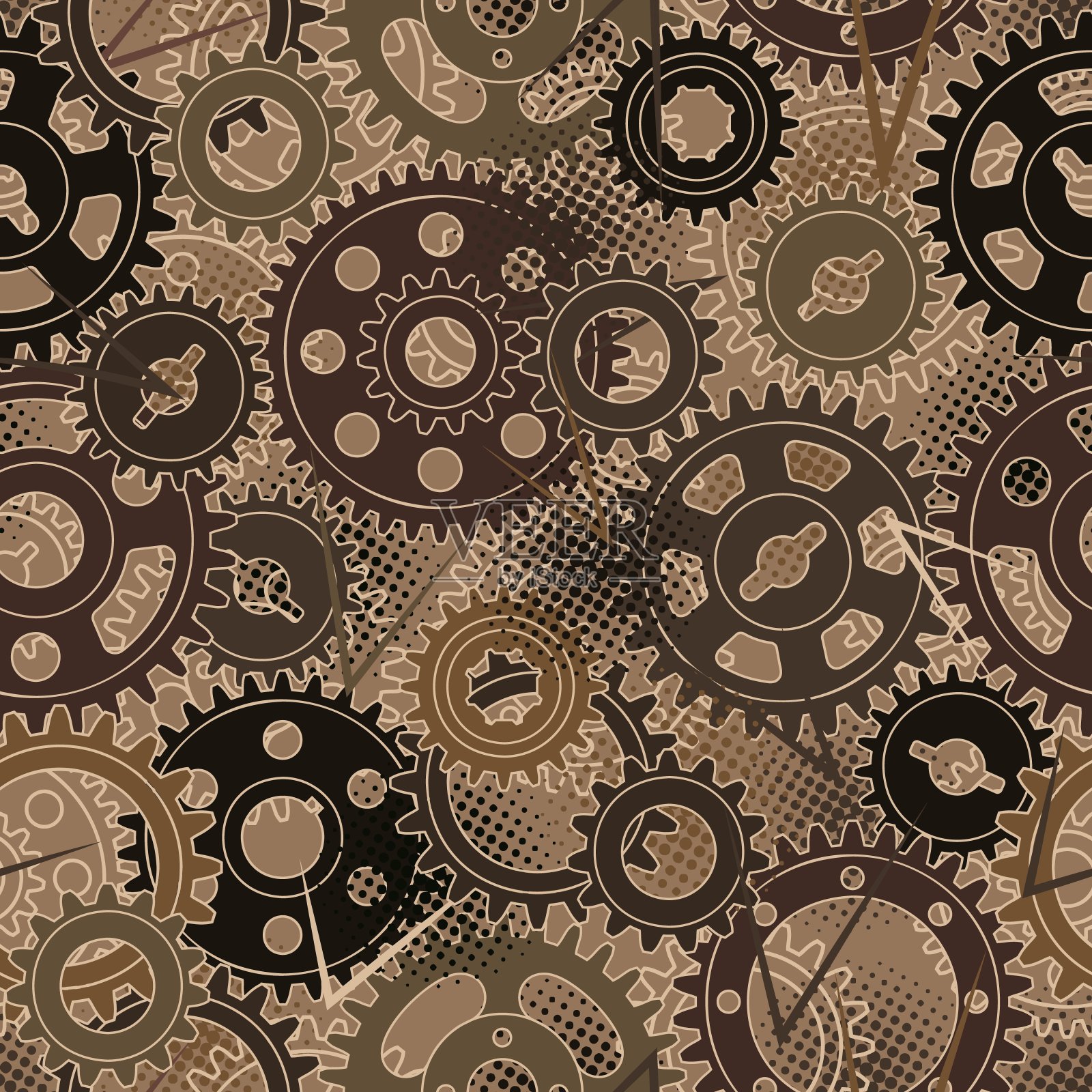 棕色迷彩无缝图案,带齿轮,虚线半色调纹理。插画图片素材
