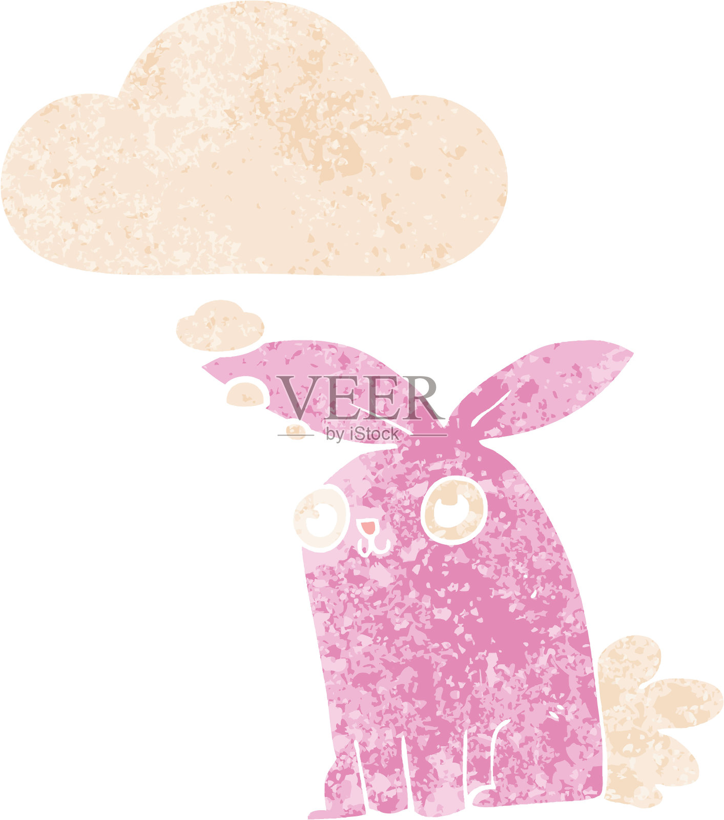 卡通兔子兔子的思想泡沫在垃圾垃圾苦恼的复古纹理风格插画图片素材