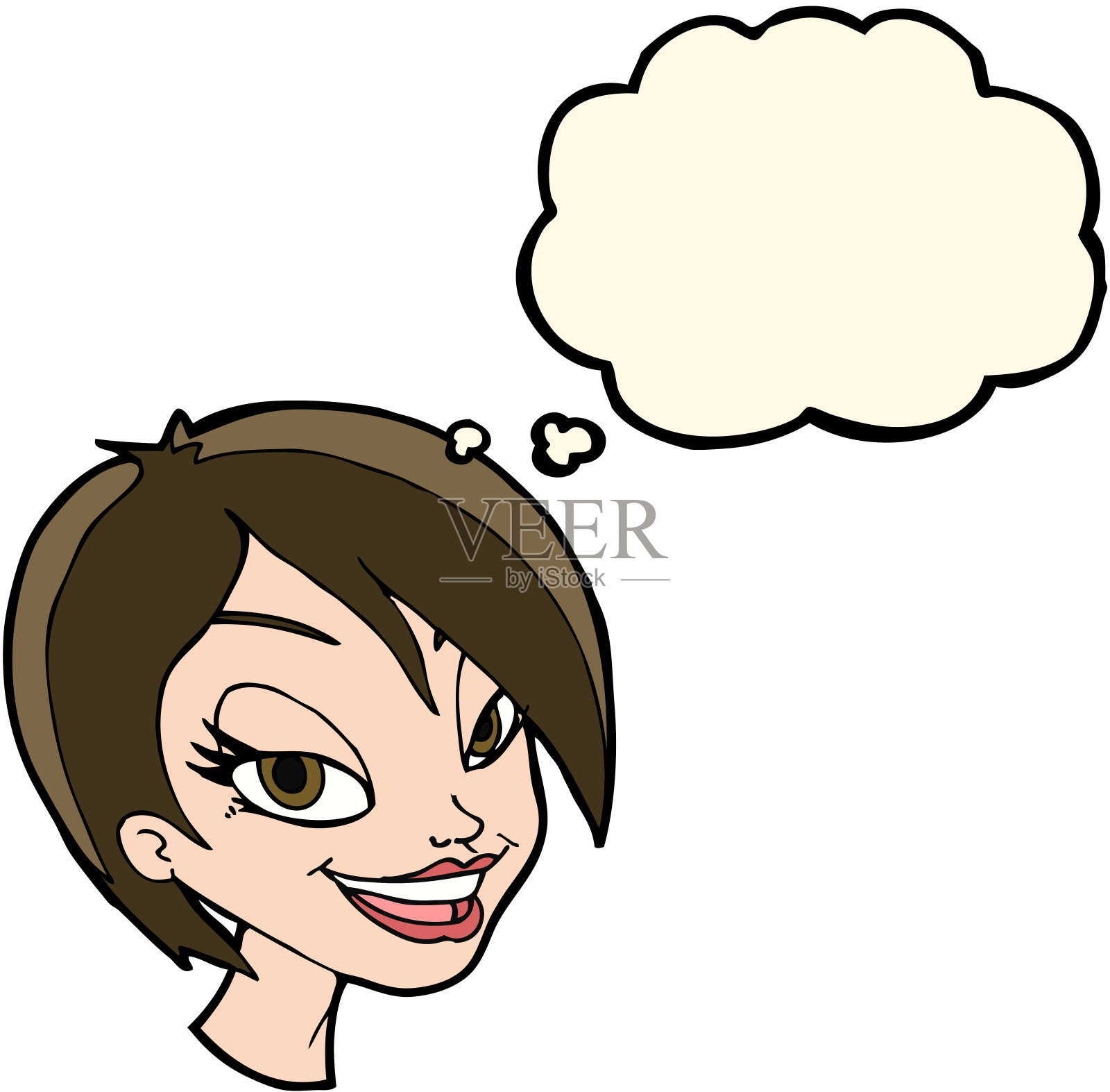 卡通漂亮的女性面孔与思想泡沫插画图片素材