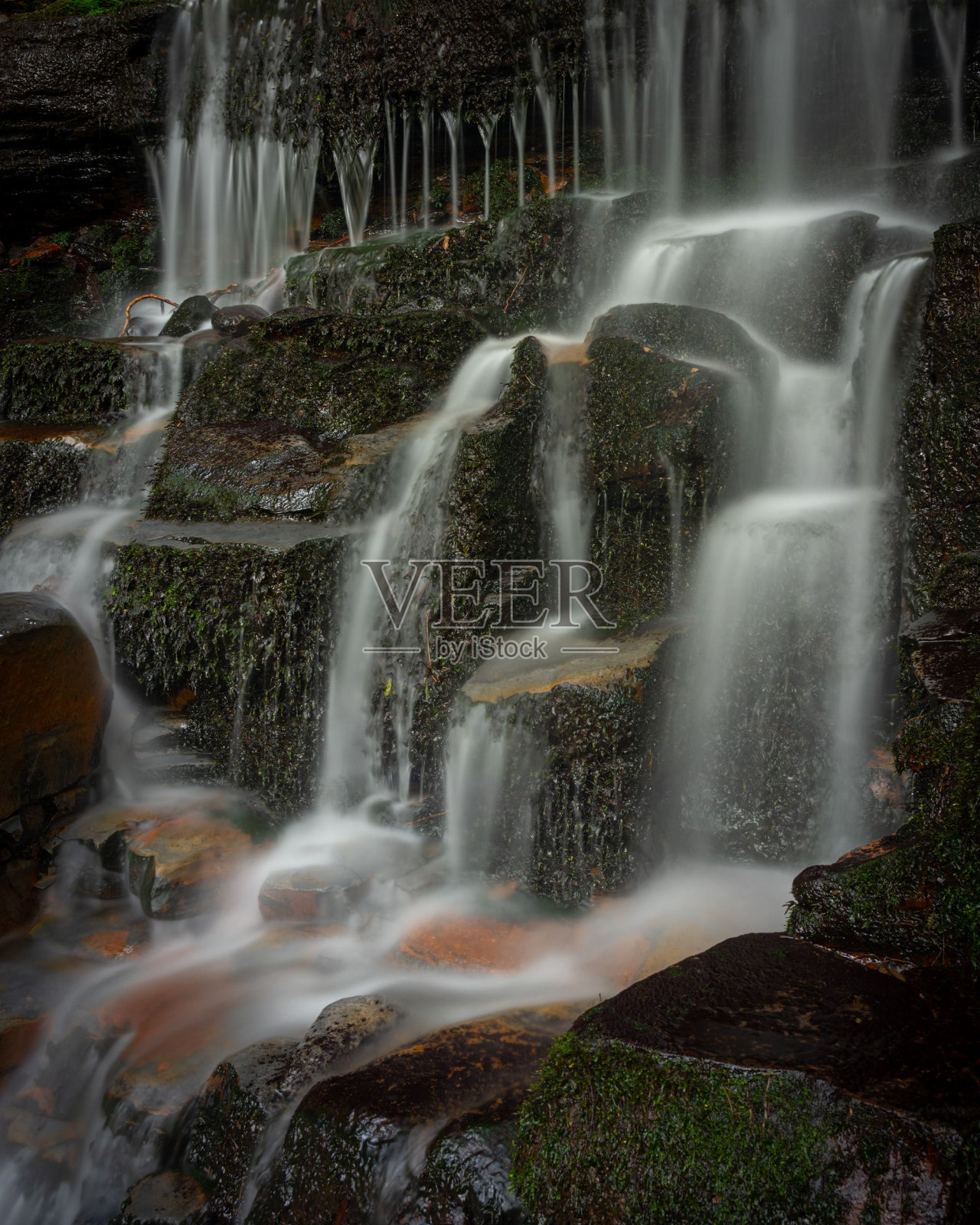 澳大利亚蓝山,被岩石包围的瀑布的垂直长曝光镜头照片摄影图片