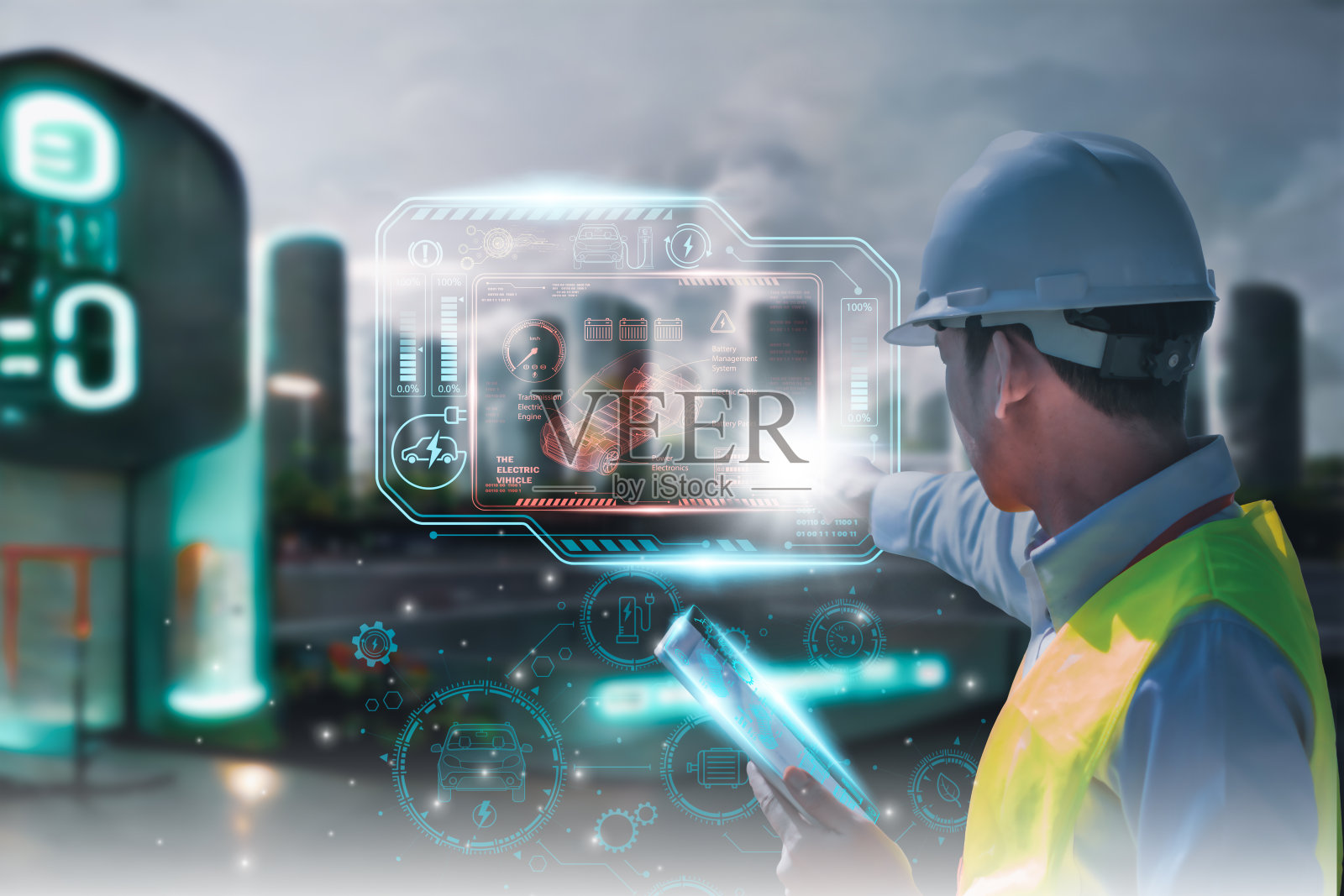 工程使用智能平板电脑检查未来电动汽车充电站,电力电缆,汽车插头供应,绿色能源,生态电源可持续源技术,人工智能或AI控制照片摄影图片