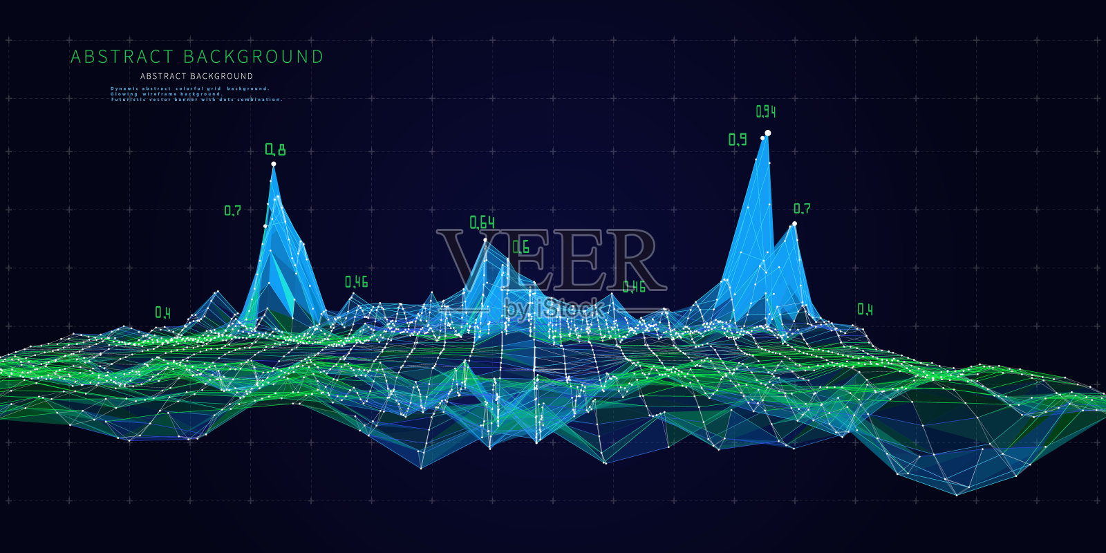 抽象背景包含彩色线框与深蓝色。虚拟空间三维波浪形多边形概念技术。旗帜为商业、科技数据分析代表。大数据。插画图片素材