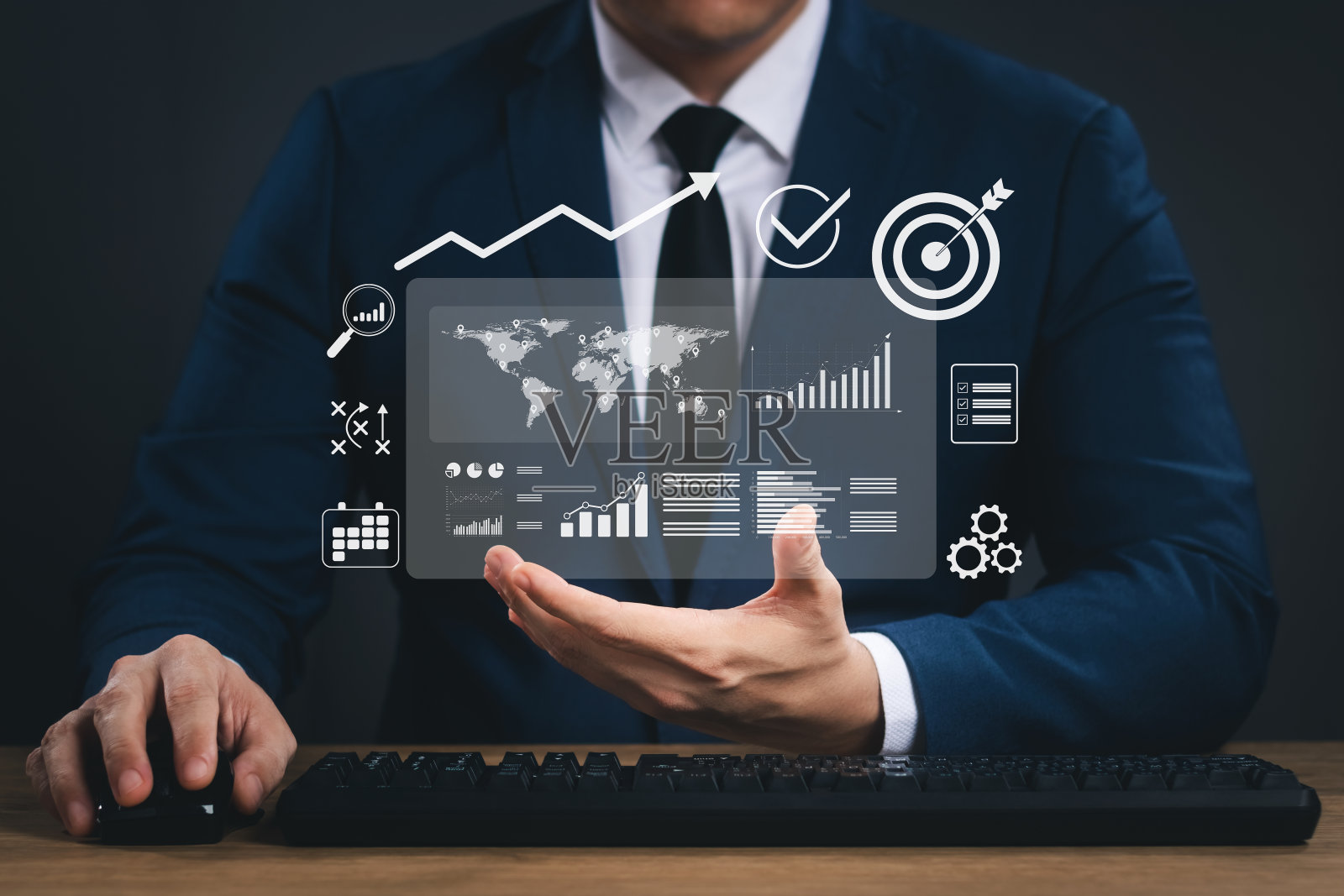 执行层的商人分析组织的工作策略。用KPI衡量成功,提高绩效。调查和纠正不足之处,具体测量结果。照片摄影图片