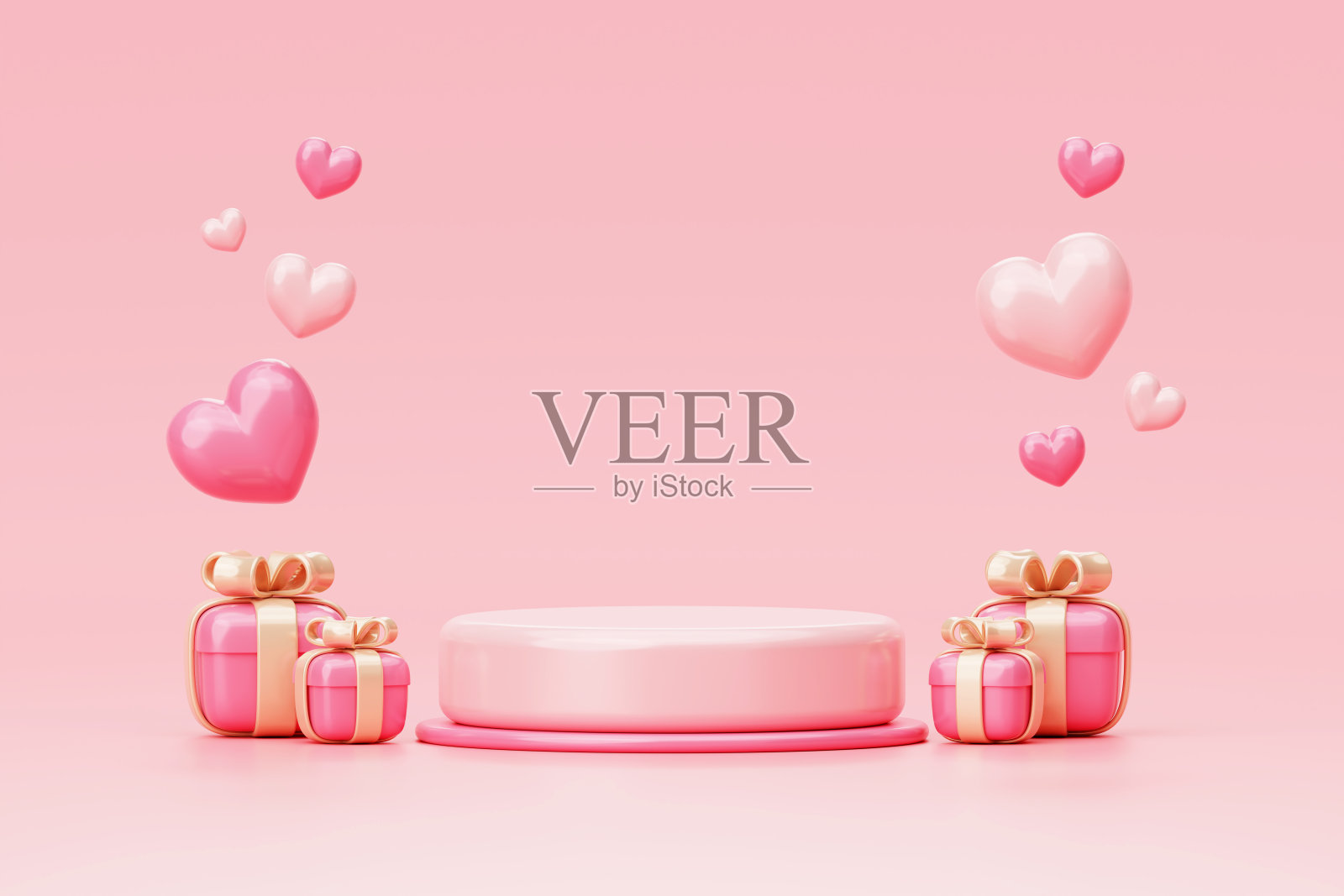 情人节粉色领奖台与心形和礼品盒背景3D插图空展示场景展示为植入式广告照片摄影图片