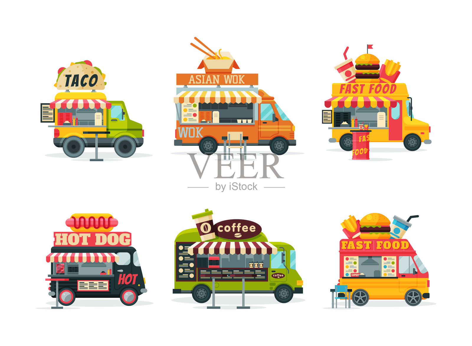 街头食品车设置玉米卷热狗亚洲锅插画图片素材