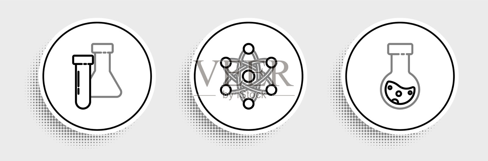 设置线试管和烧瓶化学和原子图标素材