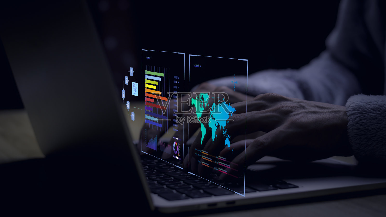 商务人员使用计算机上的业务分析和数据管理系统,在线文档管理和连接到数据库的指标。公司财务、运营、销售战略。照片摄影图片