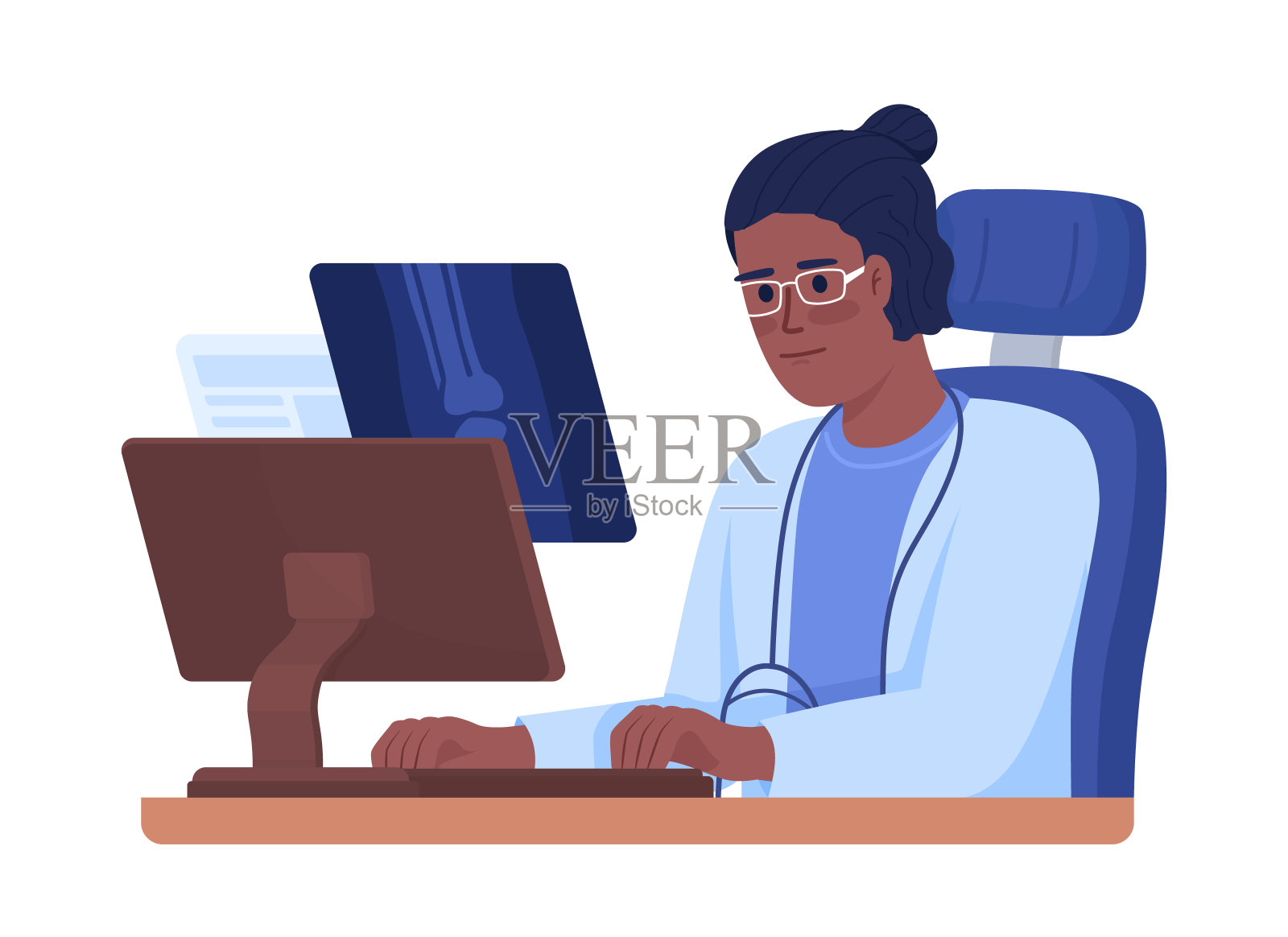 医生看着x光片结果半平色矢量特征插画图片素材