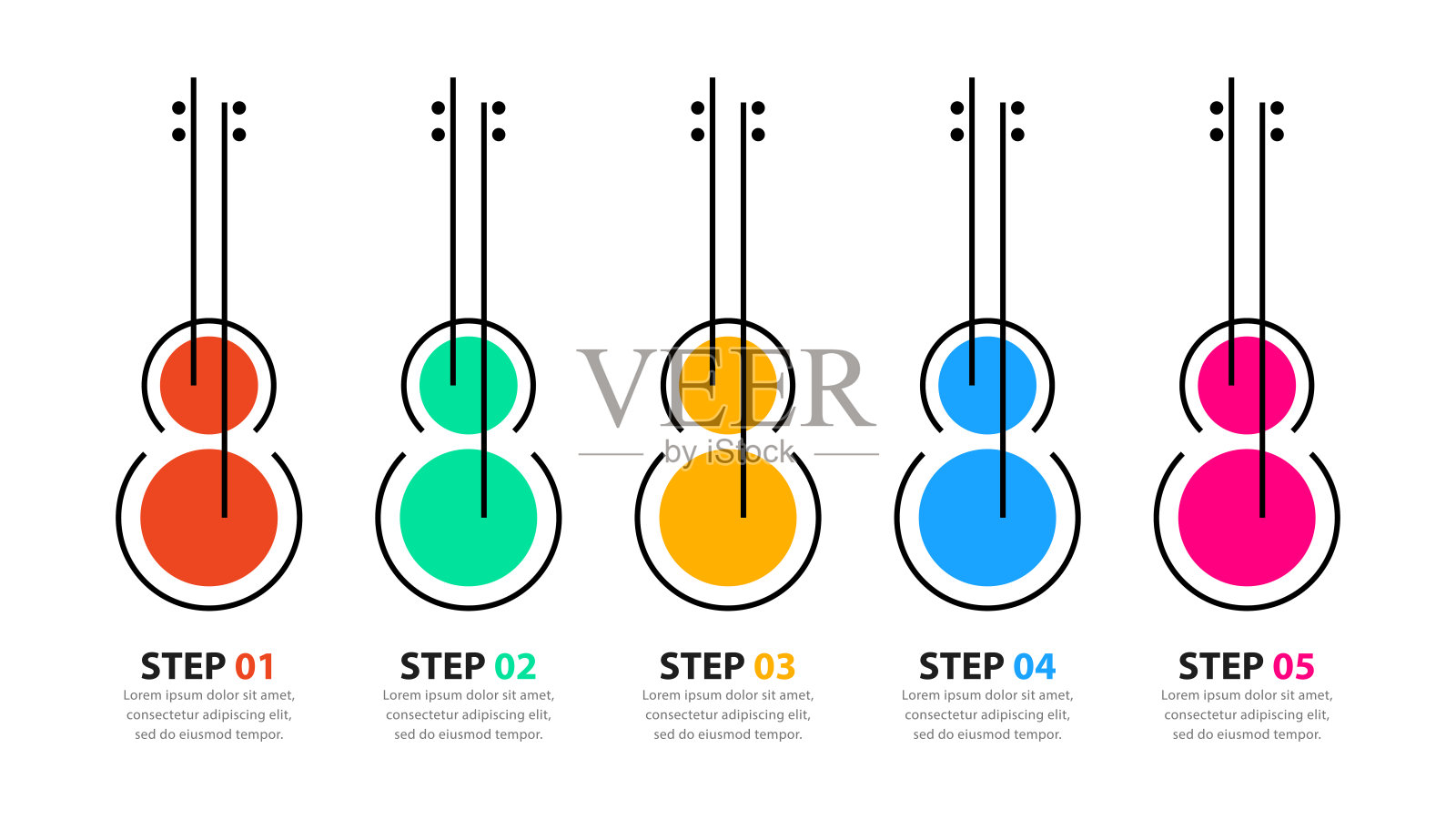 信息图表模板。五把吉他连着一排插画图片素材
