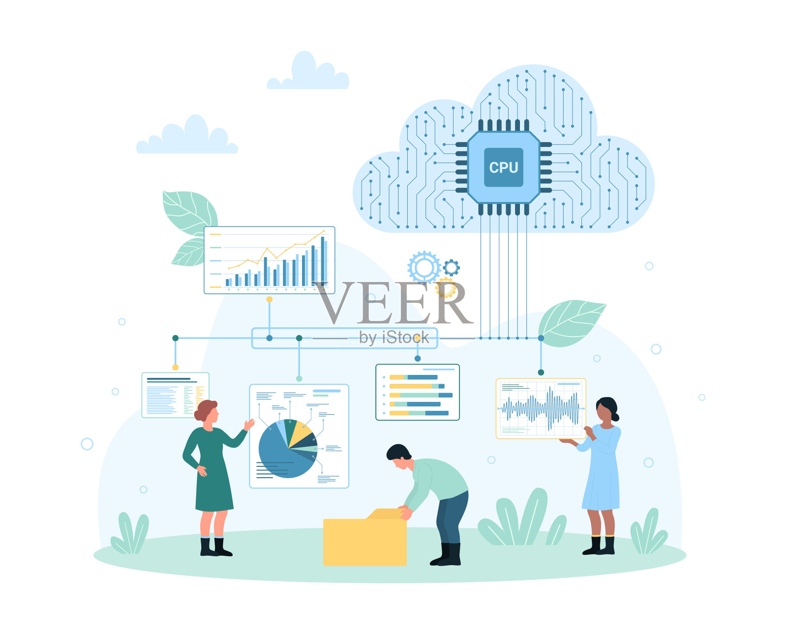 大的金融数据分析服务,小的人用云系统和电路工作插画图片素材