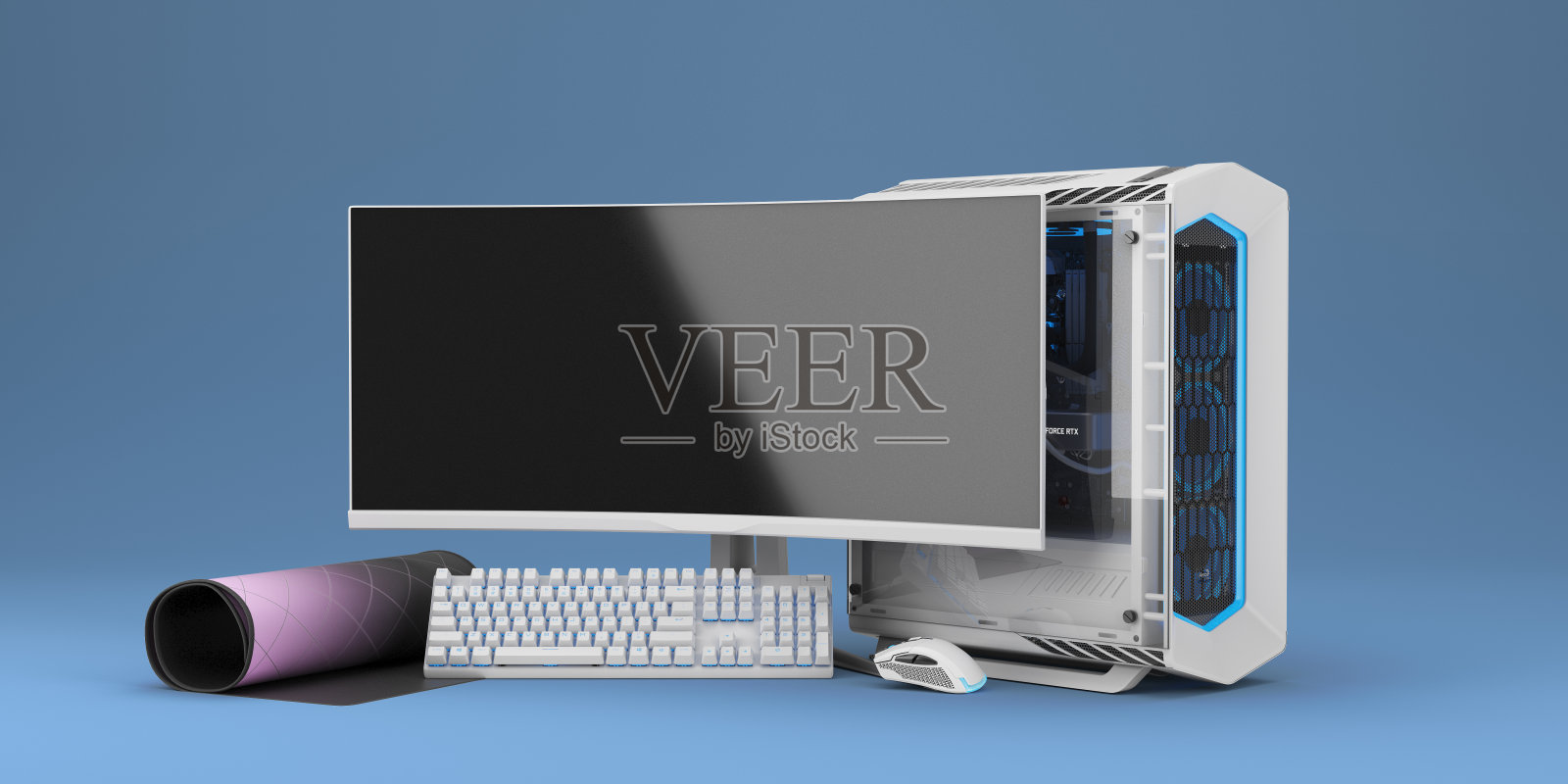 电脑游戏PC与霓虹灯未来的现代工作场所3d渲染蓝色背景照片摄影图片