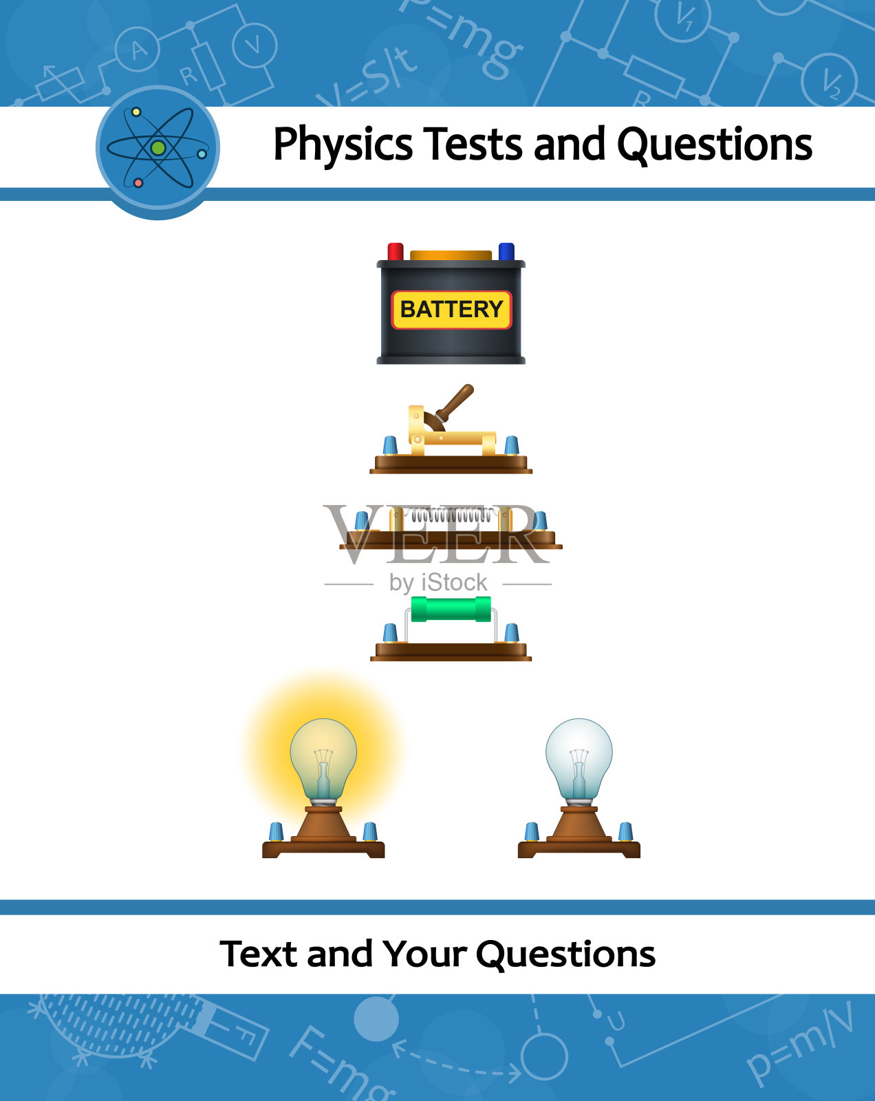 用于测量电路中电流、电位、电压的一组物理设备。电器。电流源,电阻,线圈,电池,灯泡图标。插画图片素材