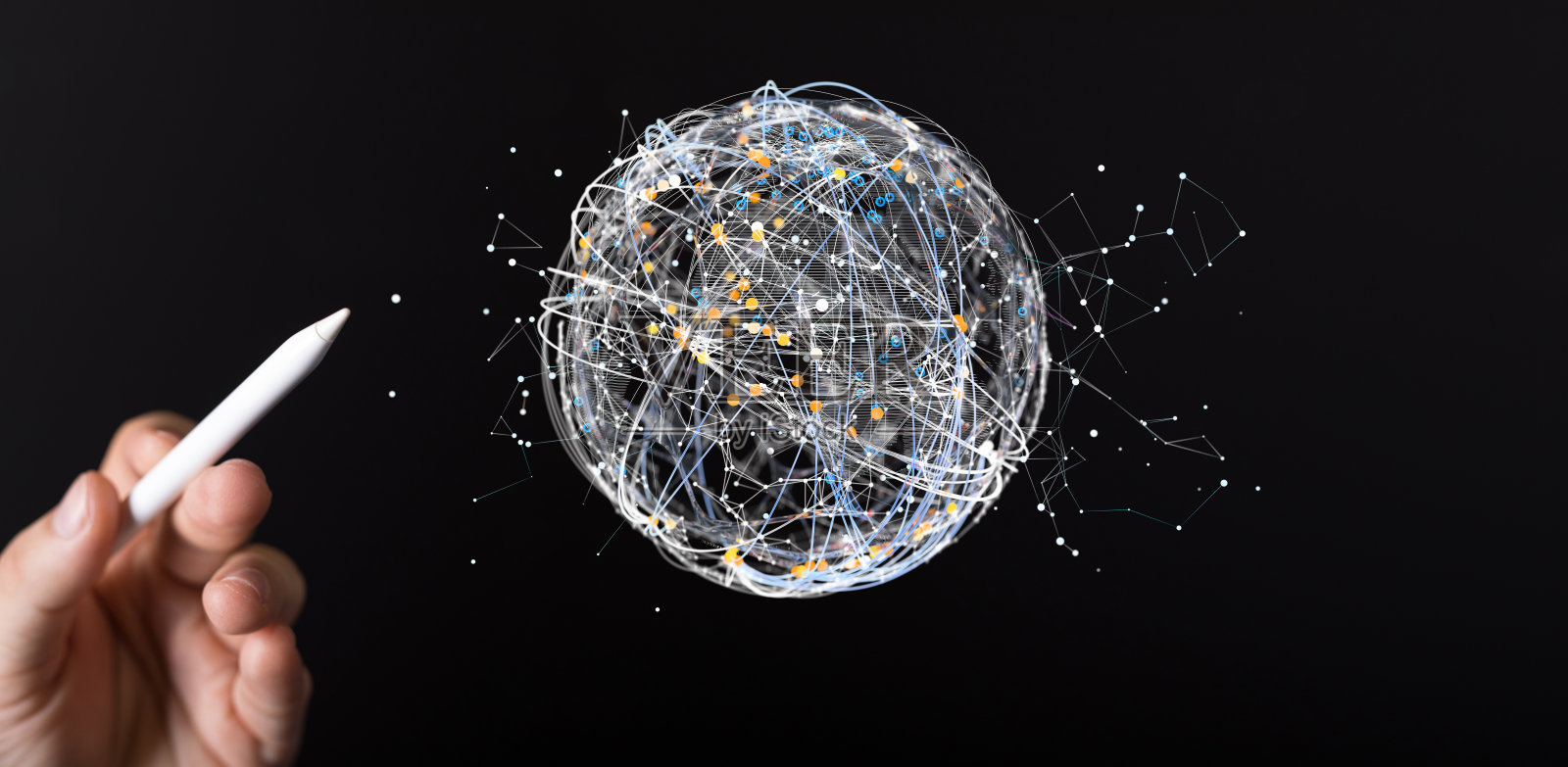 手指向一个小范围的网络连接。照片摄影图片