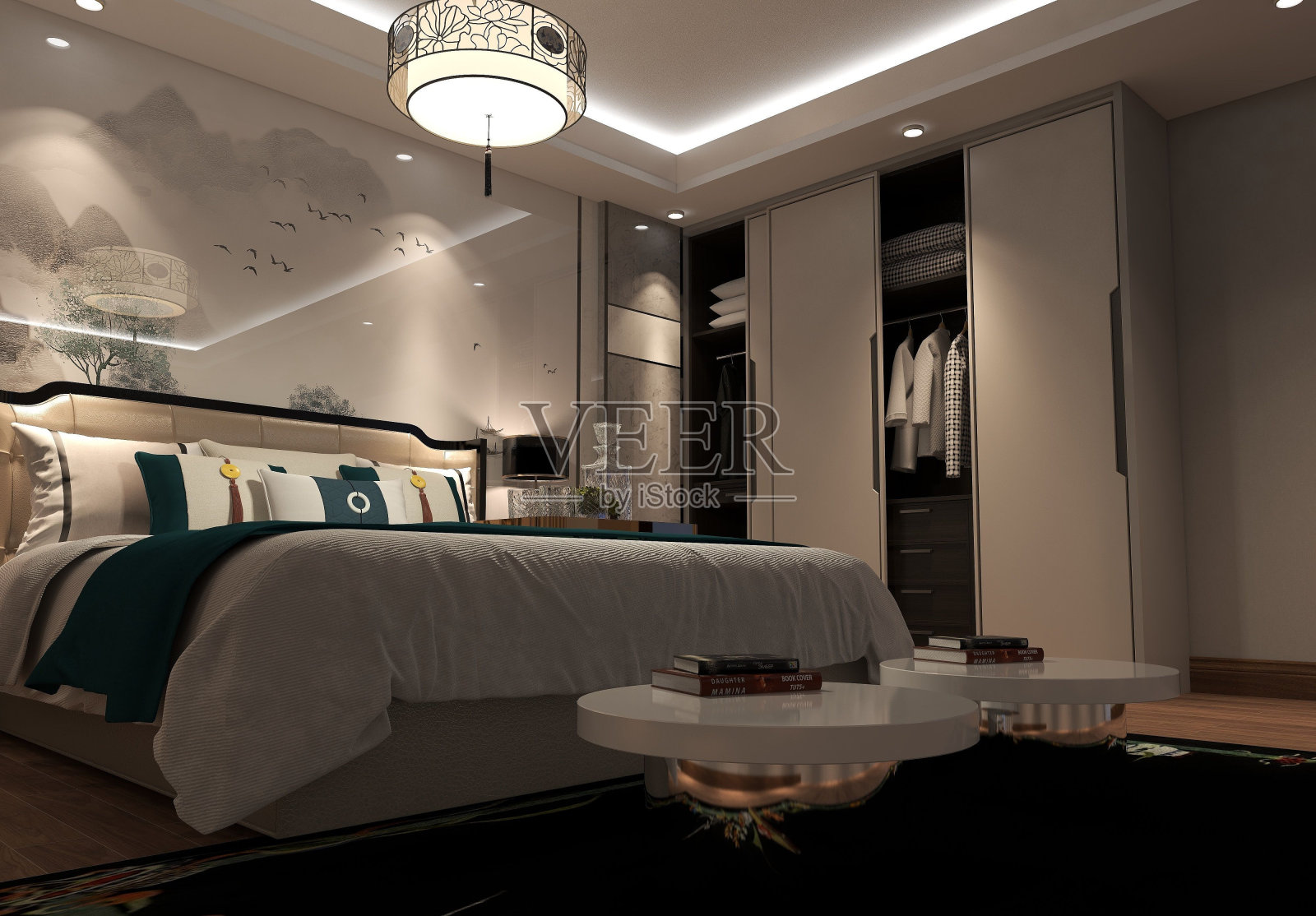 卧室内部具有美丽的现代设计照片摄影图片