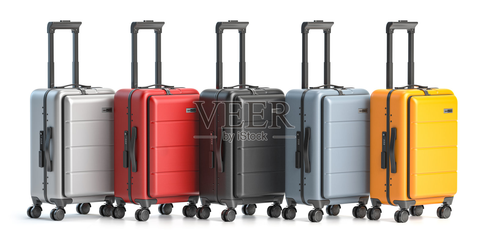 一排不同颜色的行李箱孤立在白色背景上。照片摄影图片