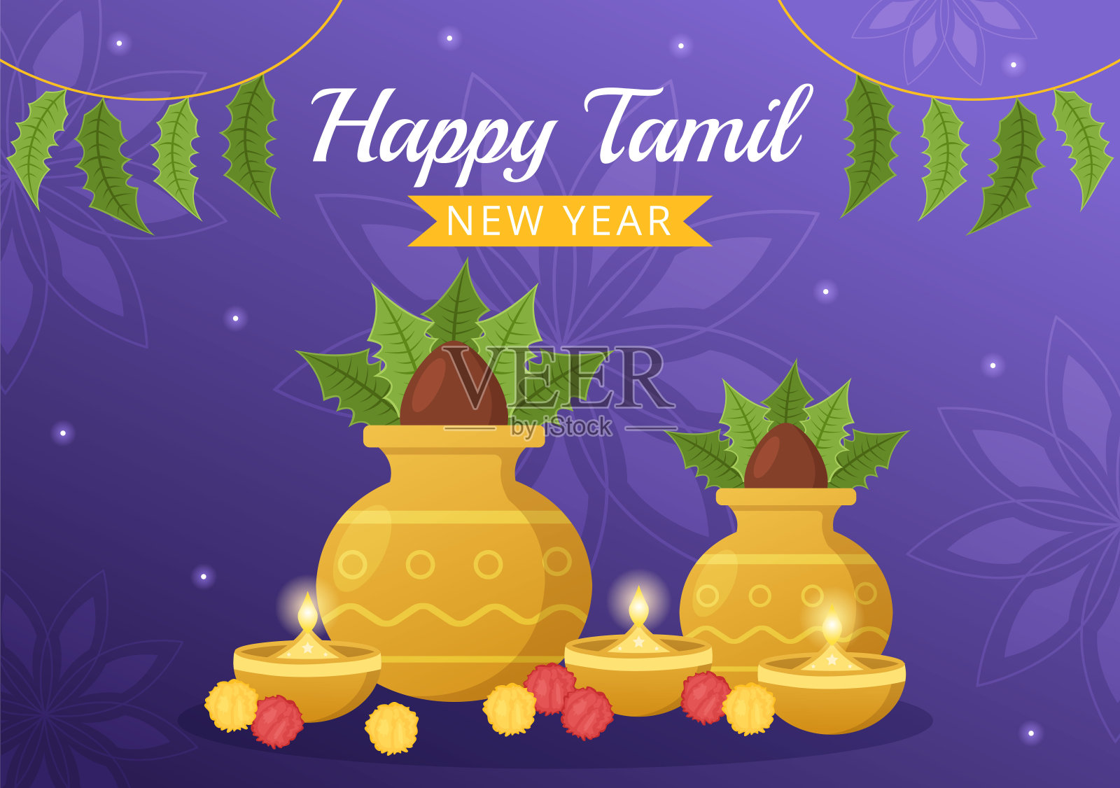快乐的泰米尔新年插图与毗毗树花,罐子和印度印度教节日在平面卡通手绘的登陆页模板设计模板素材
