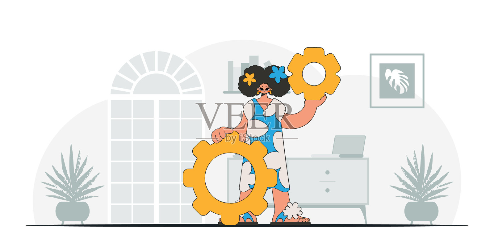 时髦的女人拿着齿轮在她的手。概念的概念。时尚的个性。插画图片素材