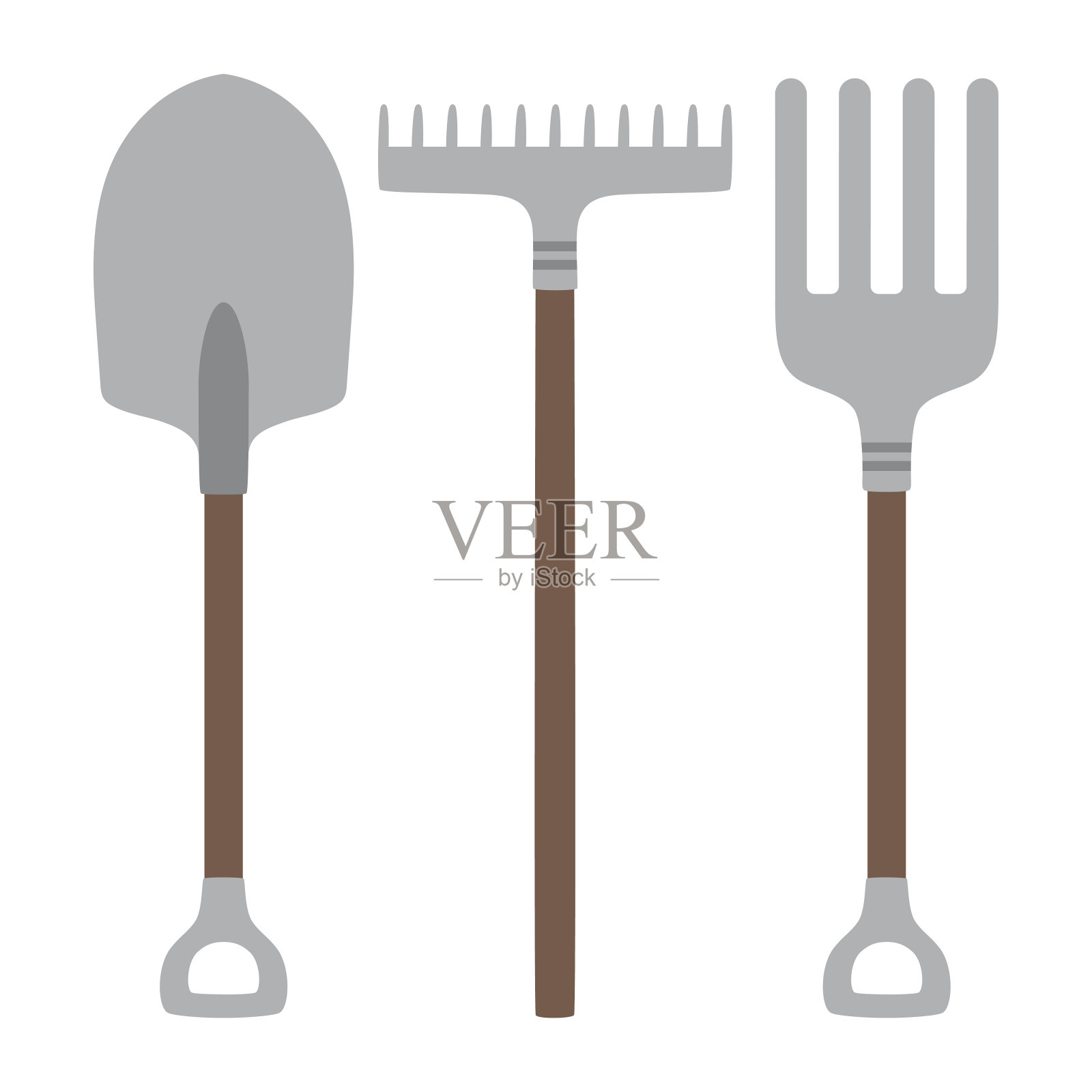 一套园艺工具设备铲,耙子和干草叉插画图片素材