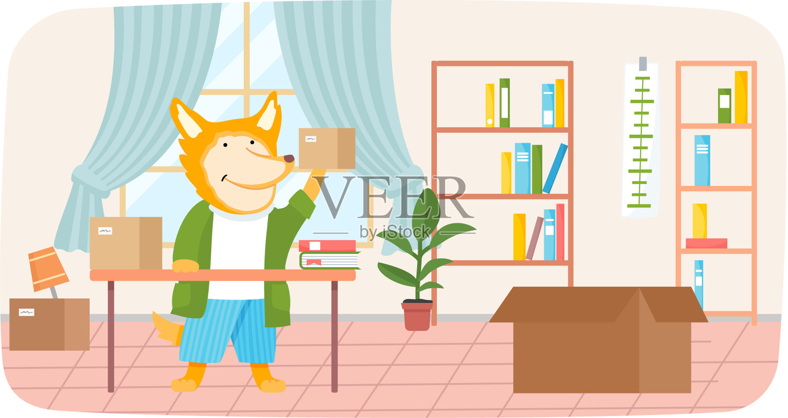 动物搬到新房子或办公室。狐狸在公寓里收拾东西准备换住处插画图片素材