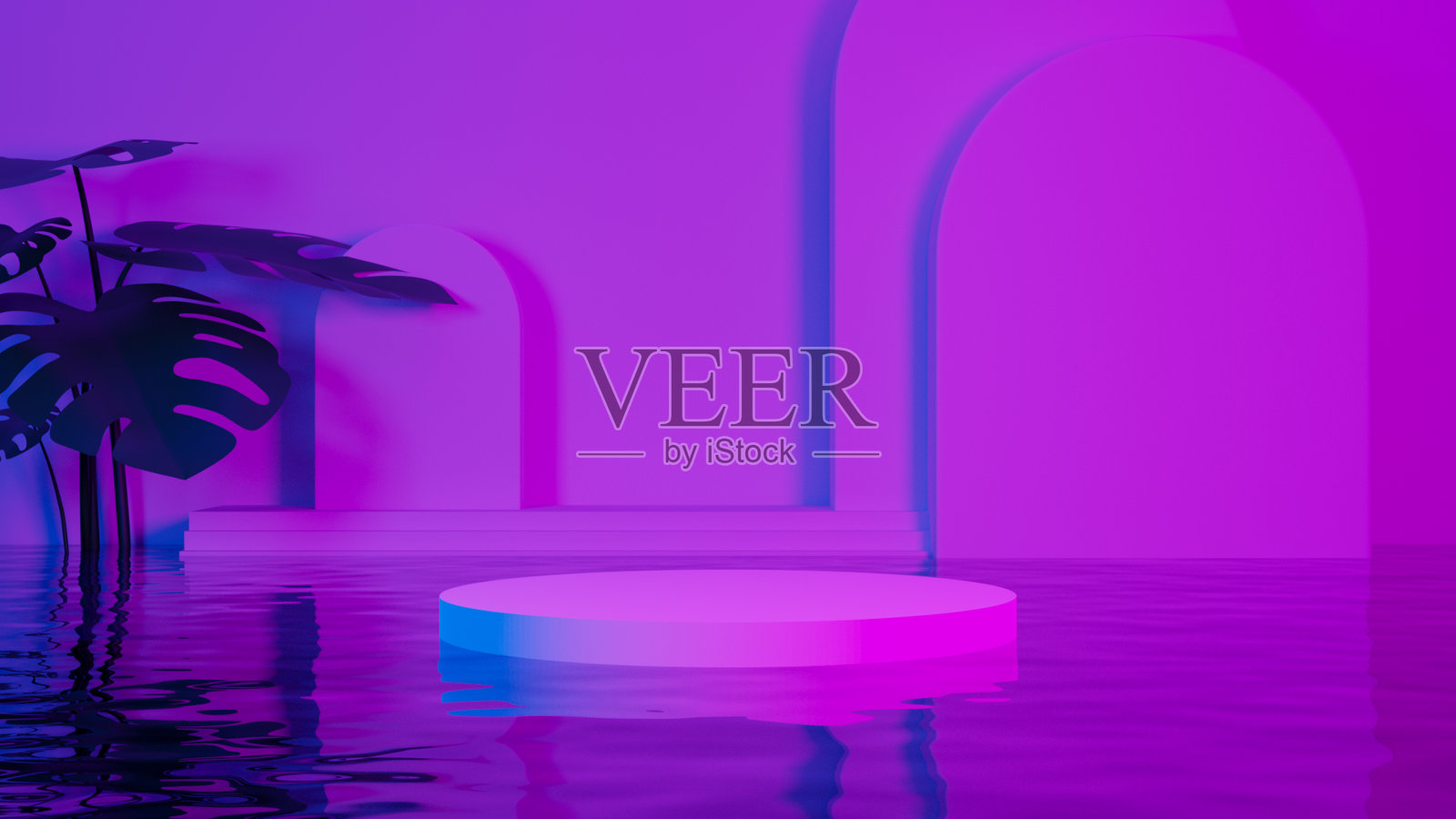 抽象的背景。高端产品展示平台,白色平台,水波上的怪兽,自然广告化妆品,紫色和蓝色灯光背景。三维渲染照片摄影图片