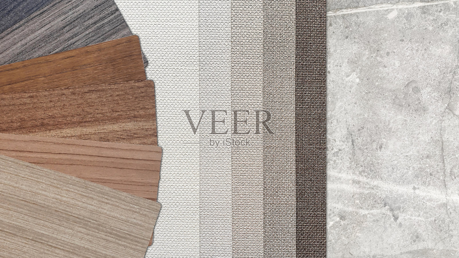 装修材料样品,近看,包括各种木质层压,棕色色调的室内壁纸,灰色大理石石材瓷砖。室内气氛和基调板在最小的复古情绪。照片摄影图片