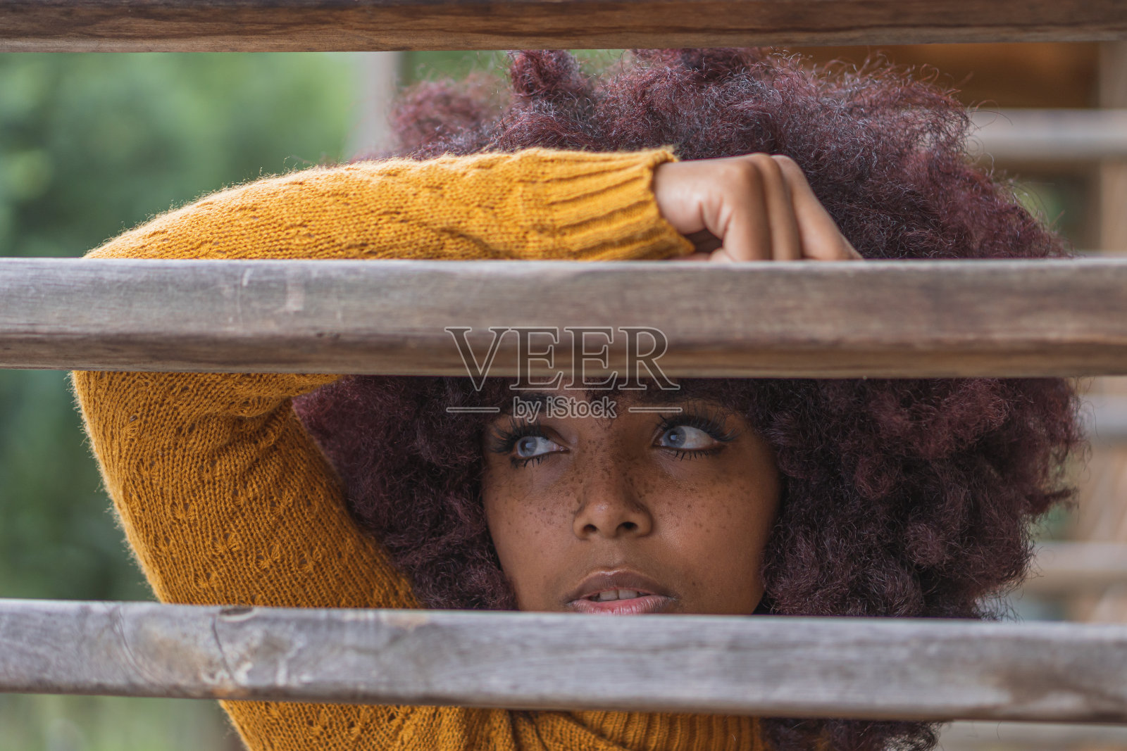 年轻的爆炸头妇女摆姿势拍照的概念。照片摄影图片