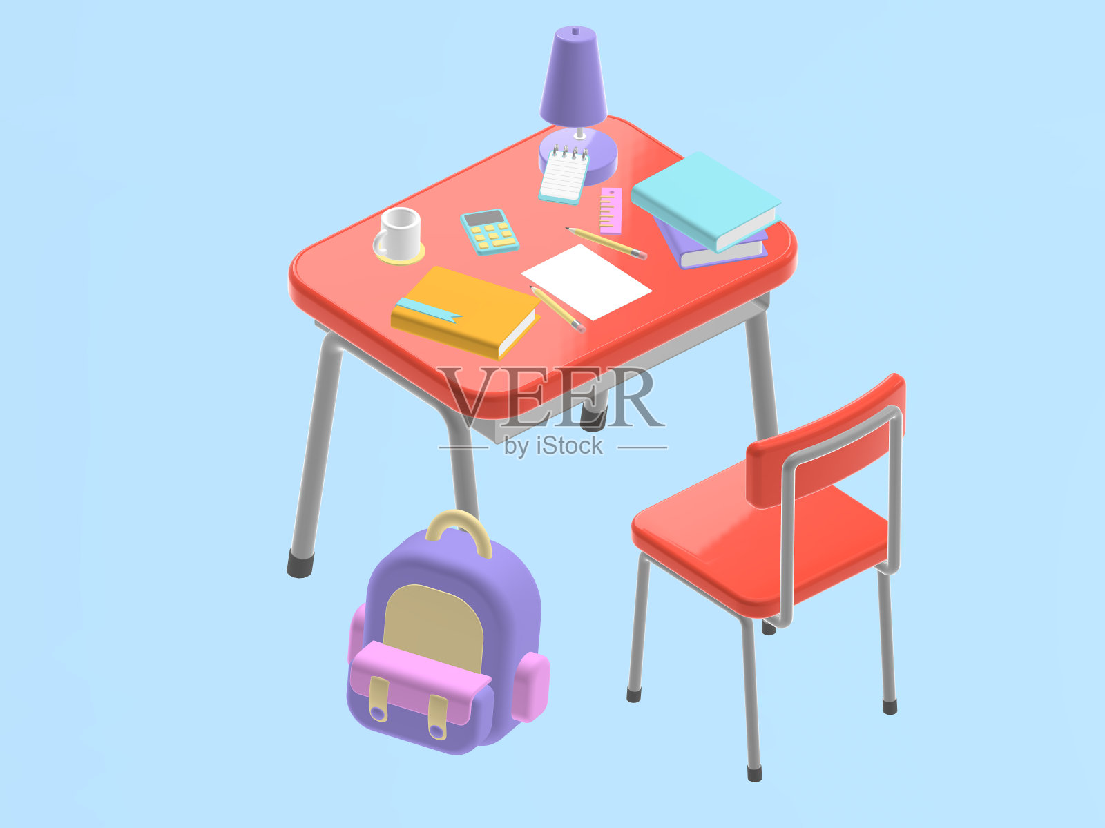 学校红色的桌子与学校的设备和粉红色的背包上的孩子的背景3D渲染,3D插图照片摄影图片