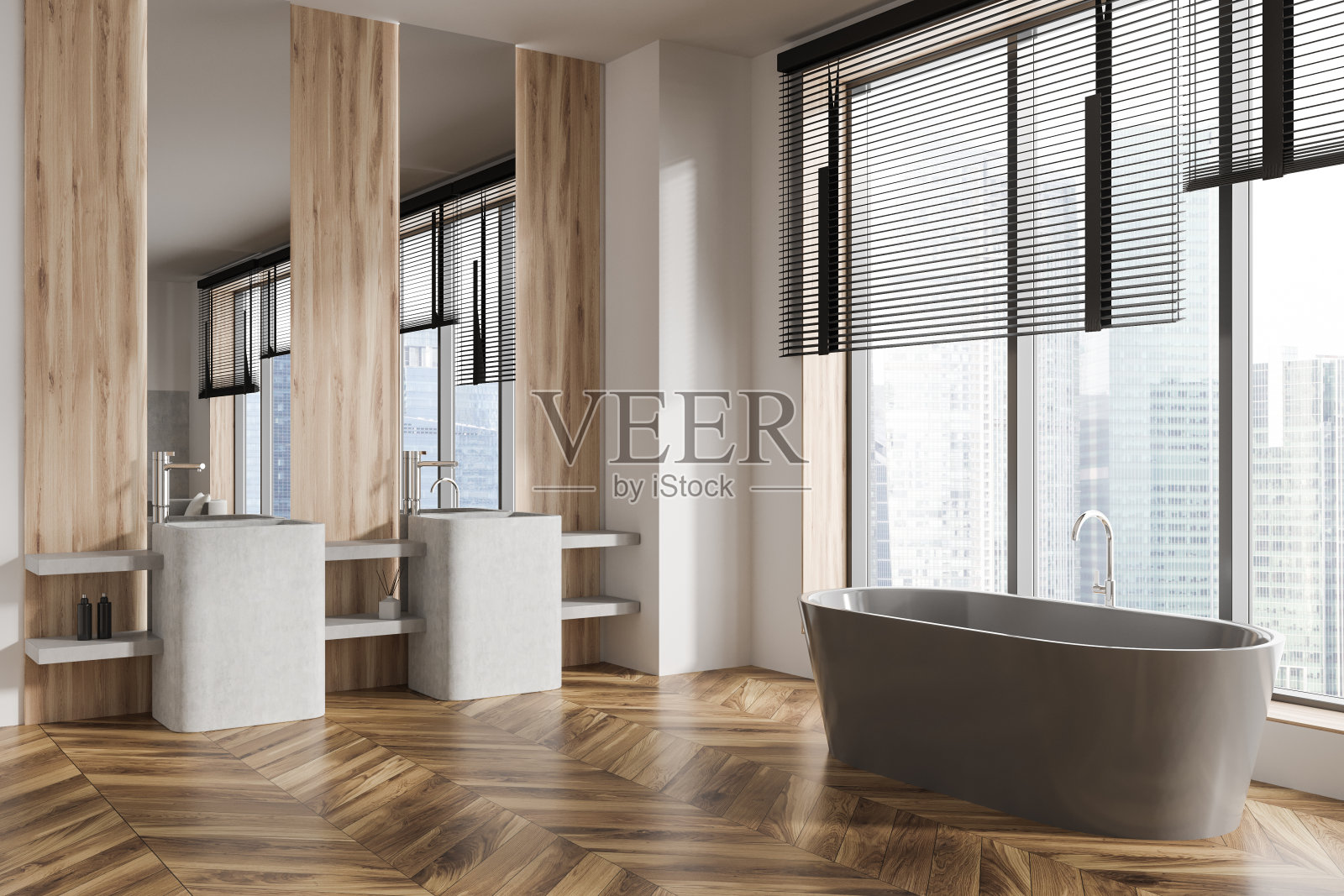 带有双水槽的明亮浴室内部的角落视图照片摄影图片