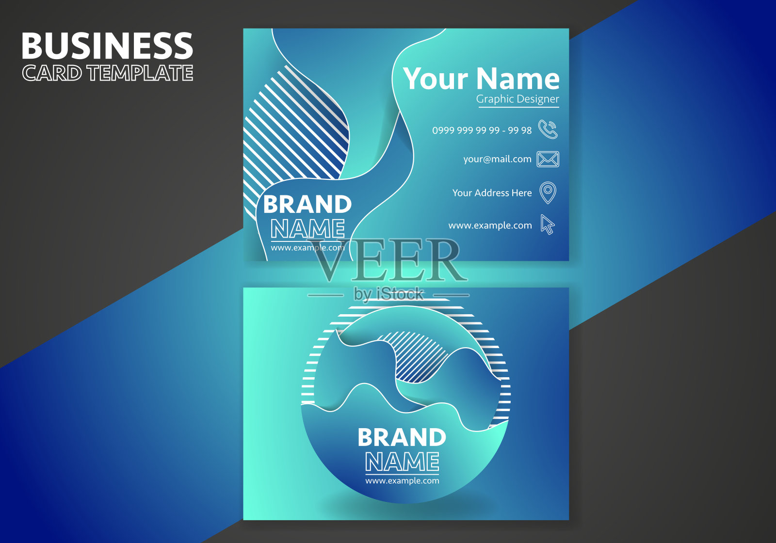 蓝色名片上有流动的液体形状,阿米巴形状。现代风格的抽象动态渐变图形元素。设计模板素材