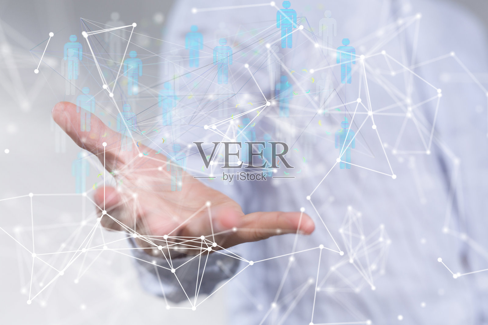 一名男子在网络上的神经网络中呈现3D渲染的联系图标的抽象镜头照片摄影图片