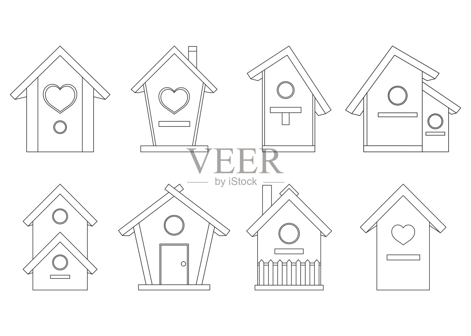 集矢量插图木鸟屋,小屋,小木屋,着色书,涂鸦和素描设计元素图片