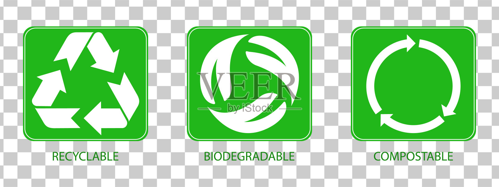 回收利用。设置回收图标标志。可生物降解,可堆肥,可回收的图标。回收标志或符号。绿色图标代表包装、回收。生态、生态友好、环境管理的象征。插画图片素材